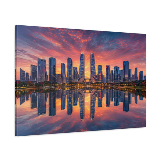 Main Mockup. Science Fiction City Skyline Orange And Blue shown as stretched canvas wall art