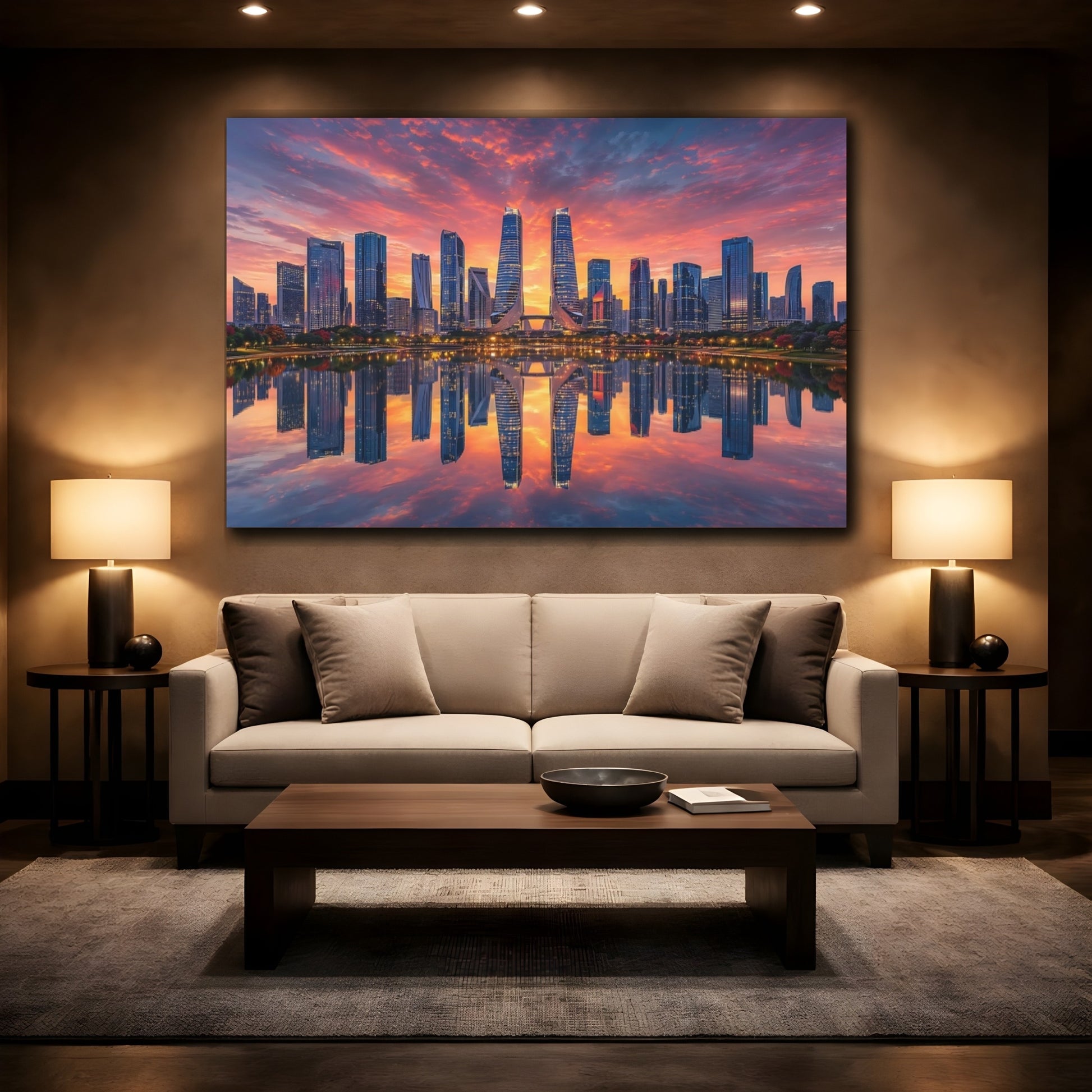 Mockup 2. Science Fiction City Skyline Orange And Blue shown as stretched canvas wall art