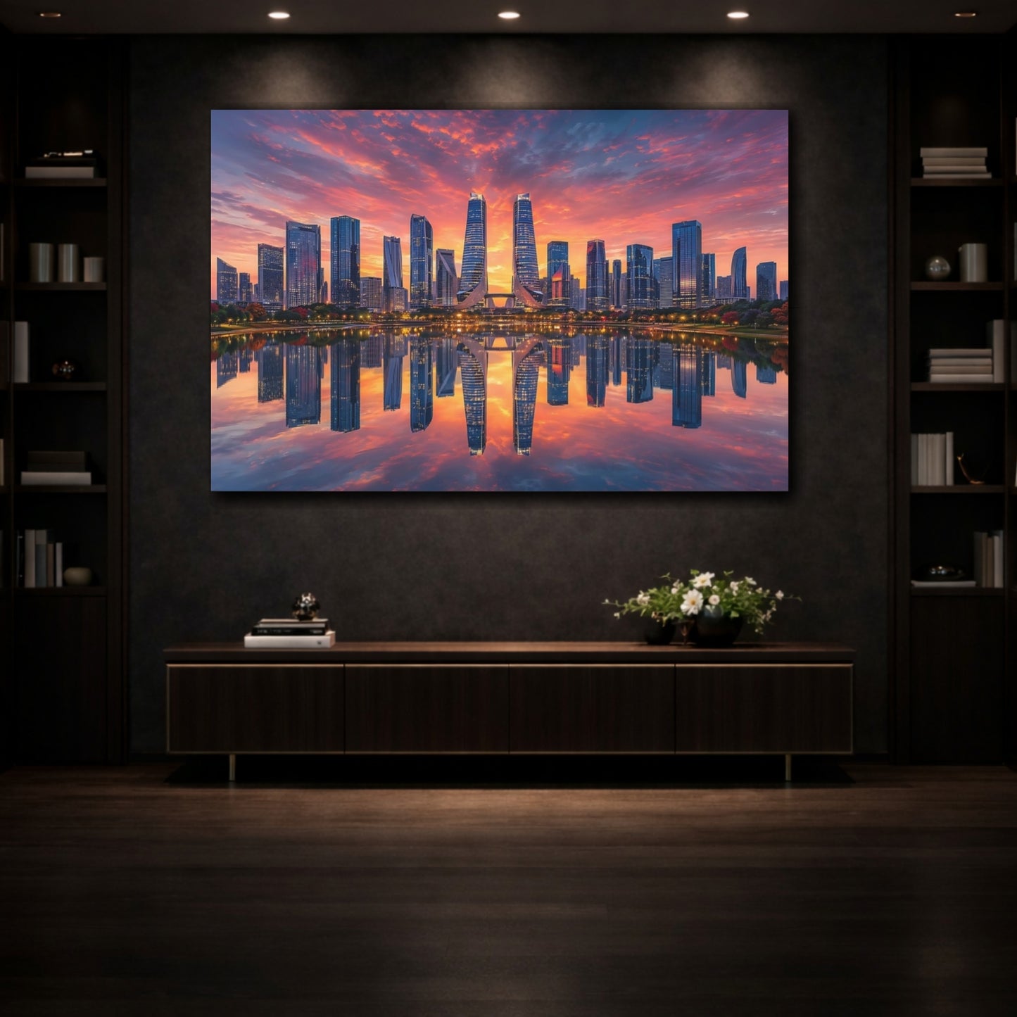Mockup 3. Science Fiction City Skyline Orange And Blue shown as stretched canvas wall art