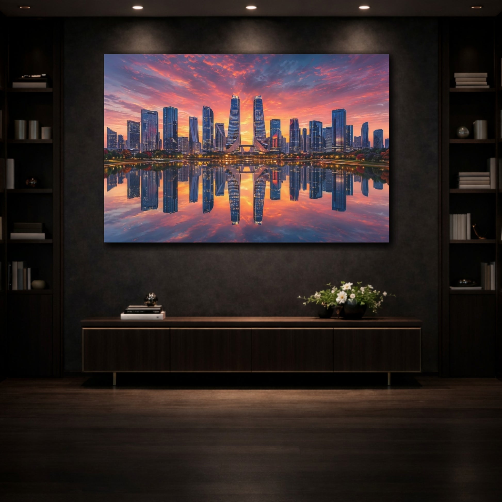 Mockup 3. Science Fiction City Skyline Orange And Blue shown as stretched canvas wall art