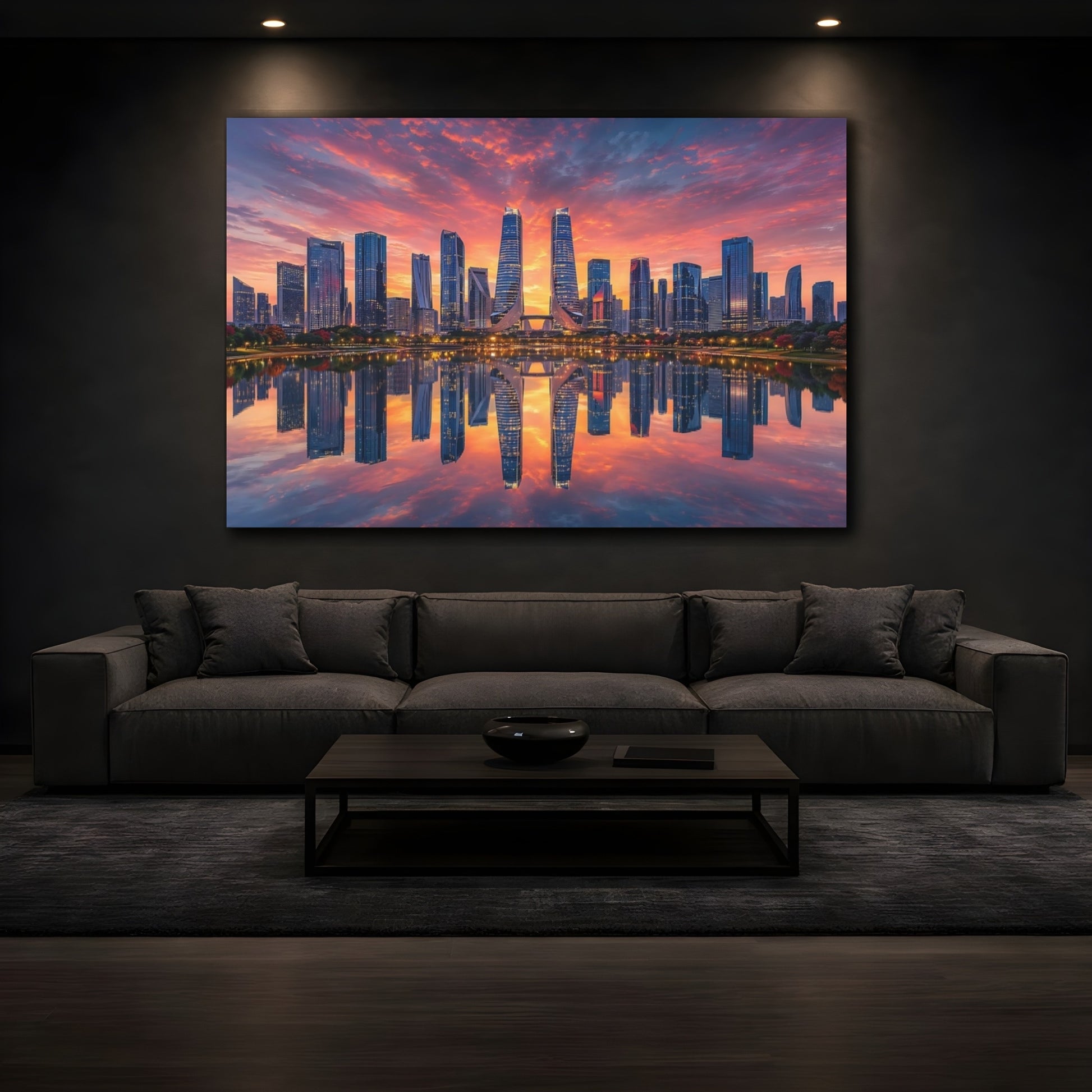 Mockup 4. Science Fiction City Skyline Orange And Blue shown as stretched canvas wall art