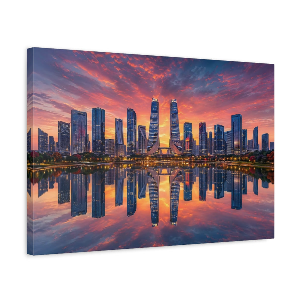 Side Mockup 3. Science Fiction City Skyline Orange And Blue shown as stretched canvas wall art