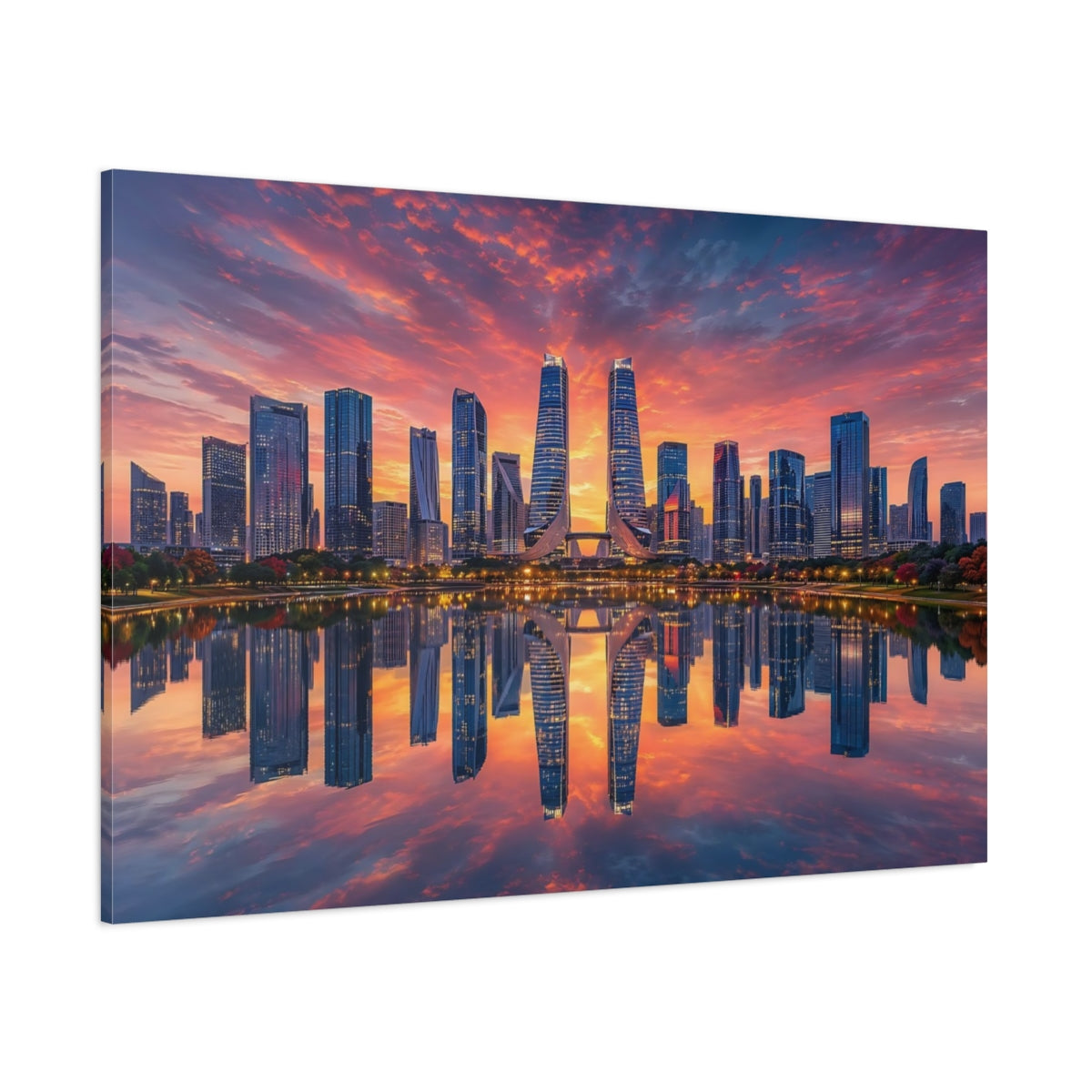 Side Mockup 1. Science Fiction City Skyline Orange And Blue shown as stretched canvas wall art