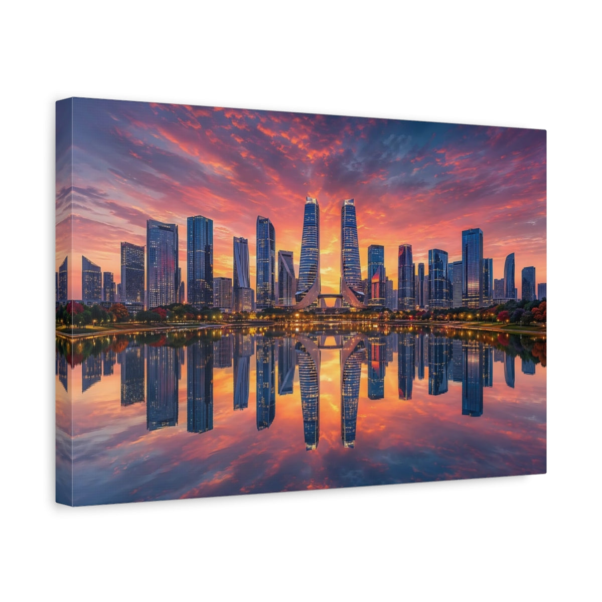 Side Mockup 4. Science Fiction City Skyline Orange And Blue shown as stretched canvas wall art