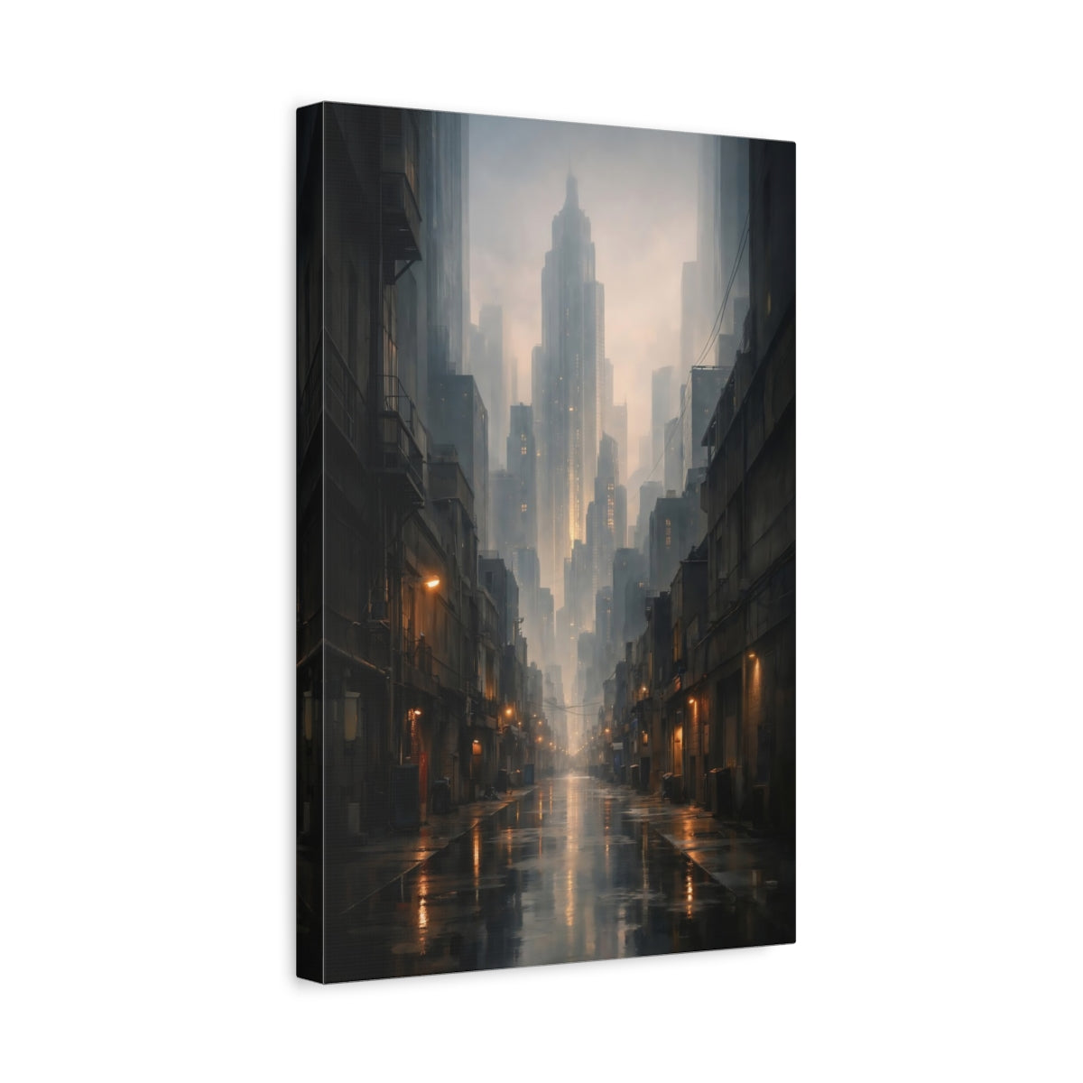 Side Mockup 4. Science Fiction City Street Dark City Street shown as stretched canvas wall art