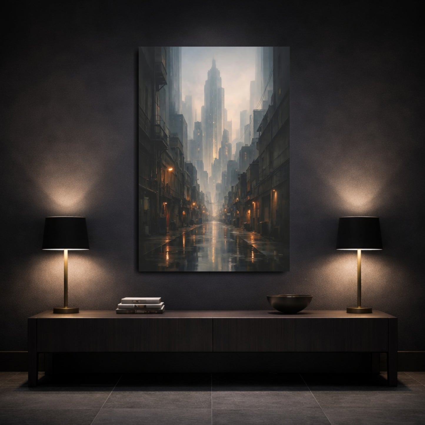 Mockup 2. Science Fiction City Street Dark City Street shown as stretched canvas wall art