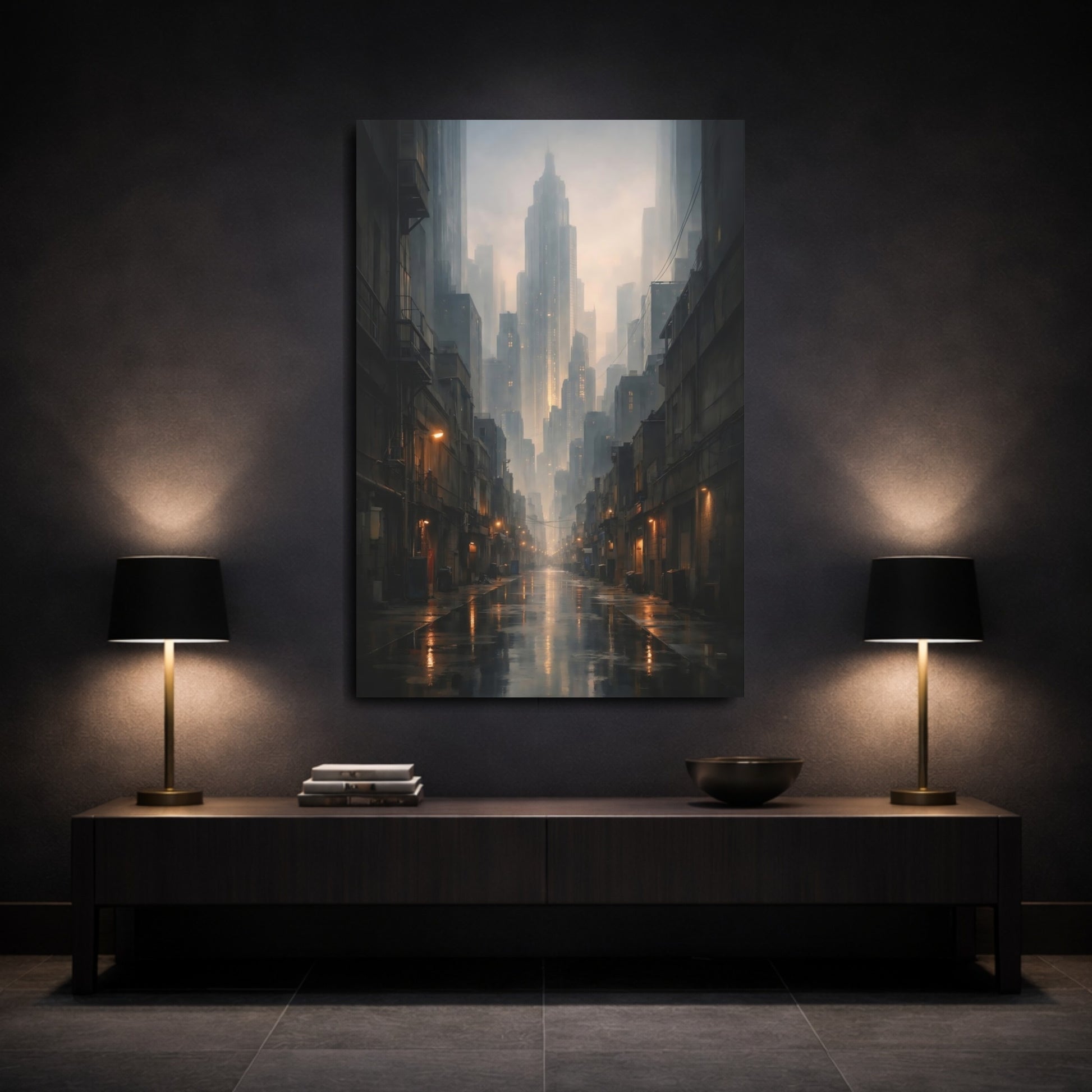 Mockup 2. Science Fiction City Street Dark City Street shown as stretched canvas wall art
