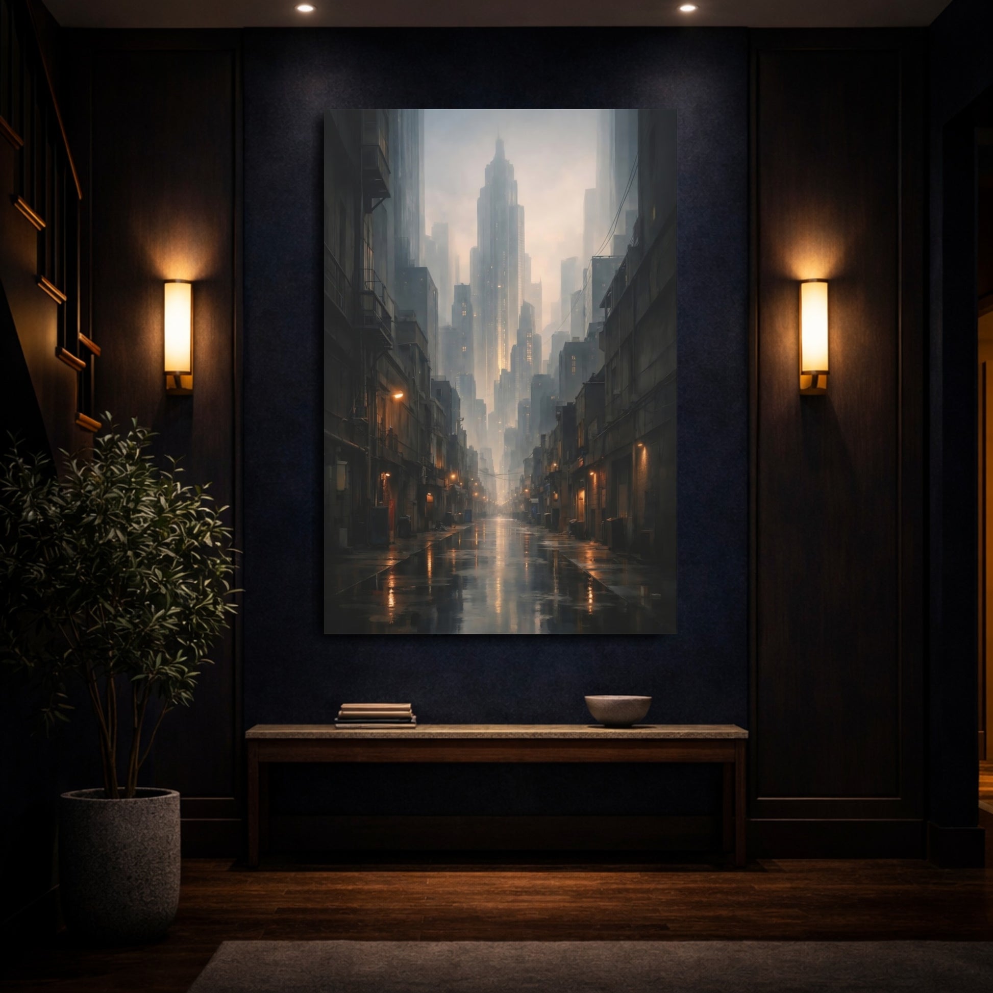 Mockup 3. Science Fiction City Street Dark City Street shown as stretched canvas wall art