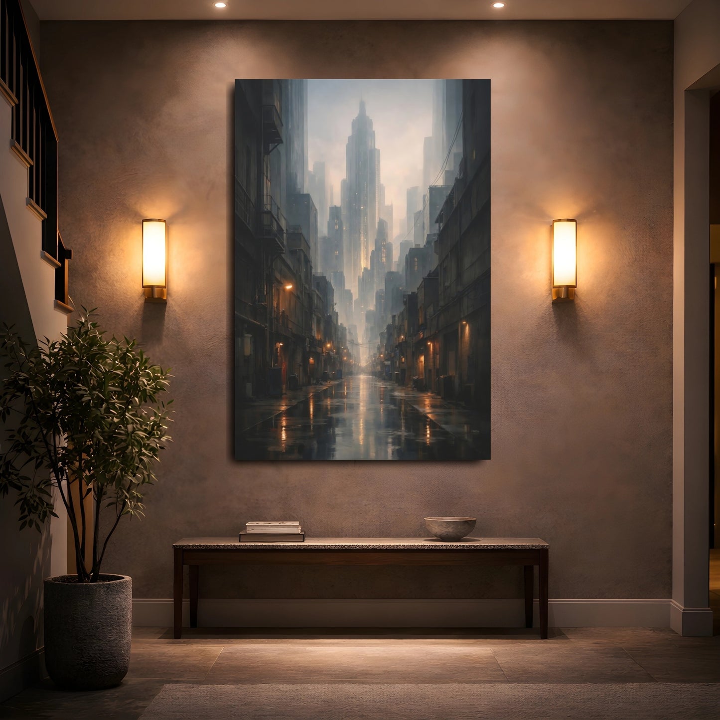 Mockup 4. Science Fiction City Street Dark City Street shown as stretched canvas wall art