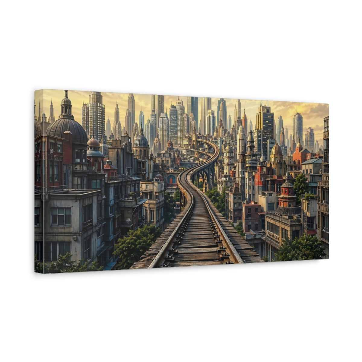 Side Mockup 3. Science Fiction Cityscape Golden Cityscape shown as stretched canvas wall art