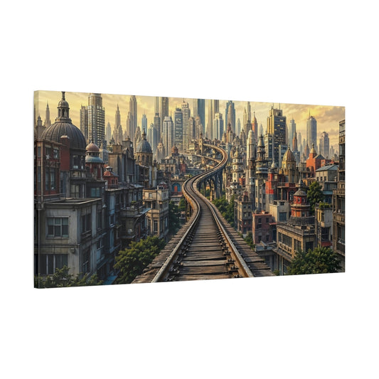 Main Mockup. Science Fiction Cityscape Golden Cityscape shown as stretched canvas wall art