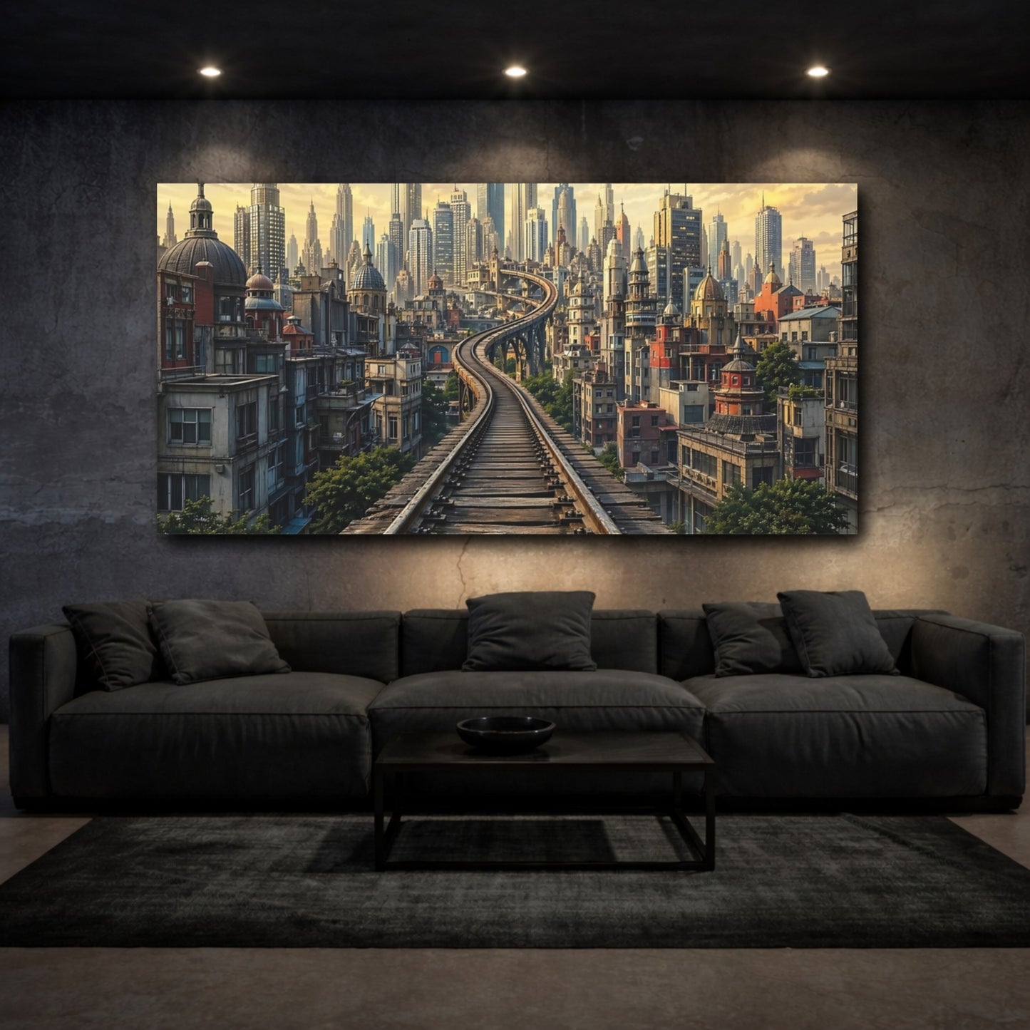 Mockup 2. Science Fiction Cityscape Golden Cityscape shown as stretched canvas wall art