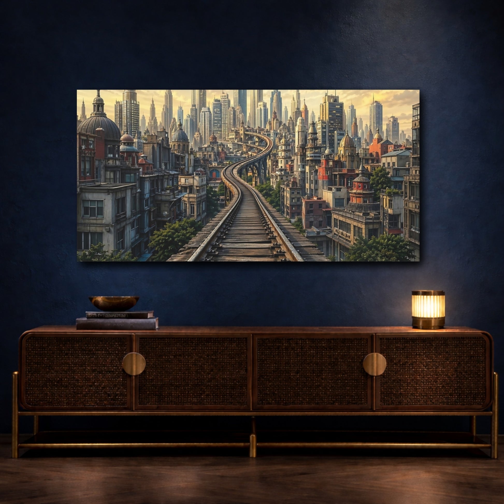Mockup 3. Science Fiction Cityscape Golden Cityscape shown as stretched canvas wall art
