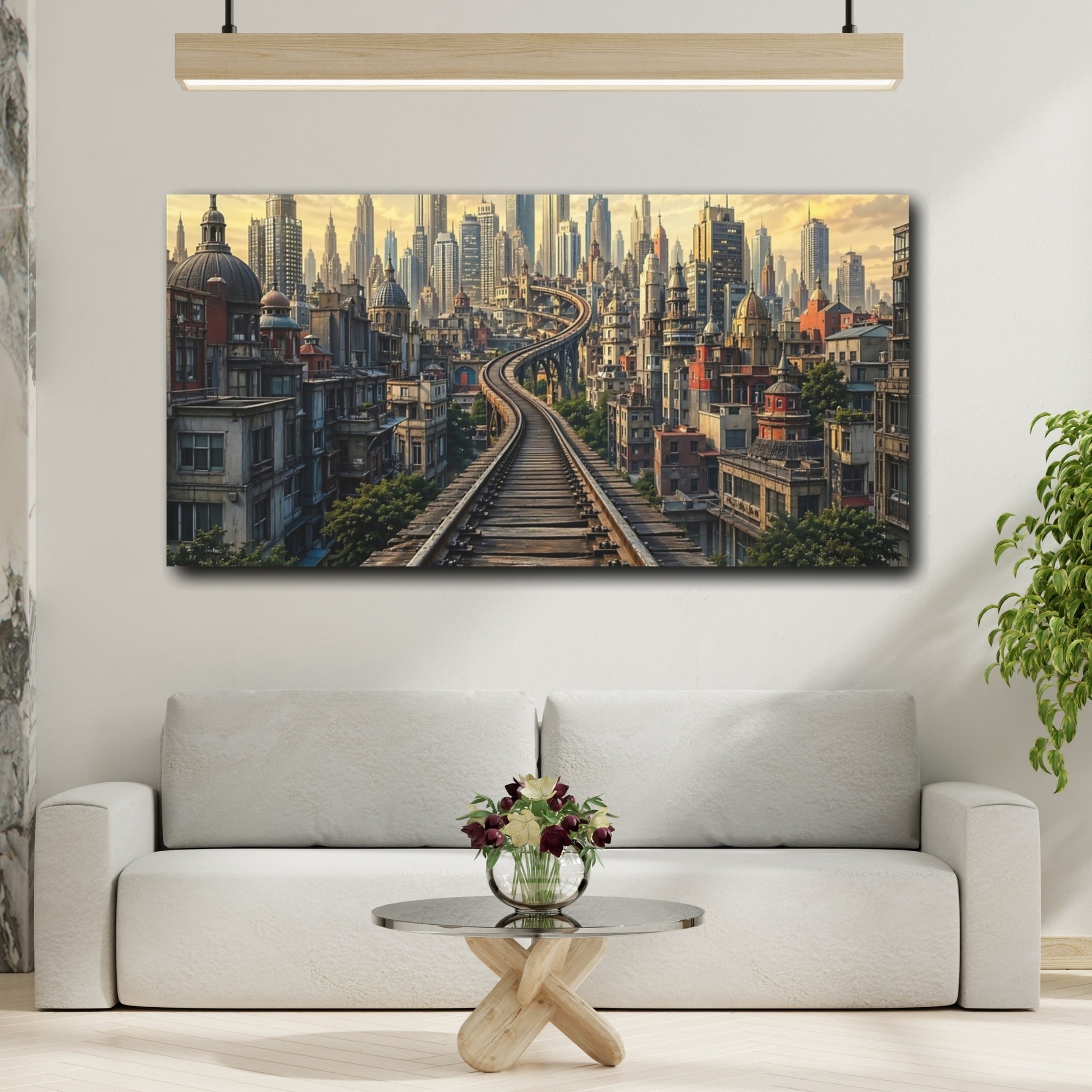Mockup 4. Science Fiction Cityscape Golden Cityscape shown as stretched canvas wall art