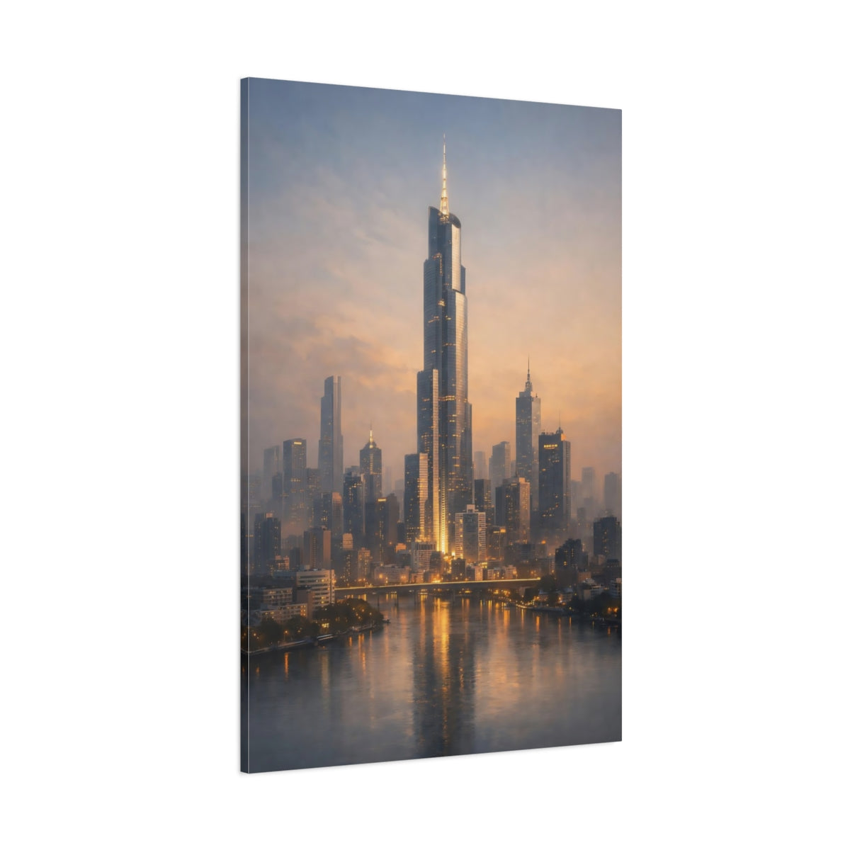 Main Mockup. Science Fiction Cityscape Orange Blue City shown as stretched canvas wall art