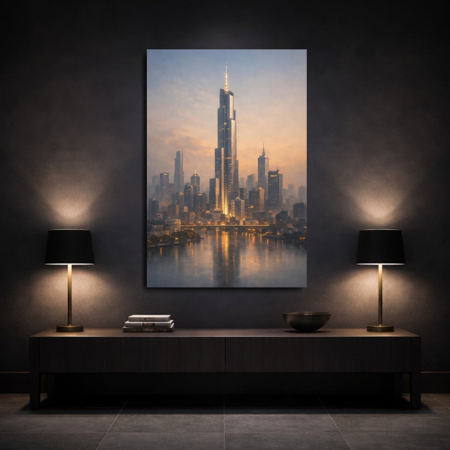 Mockup 2. Science Fiction Cityscape Orange Blue City shown as stretched canvas wall art