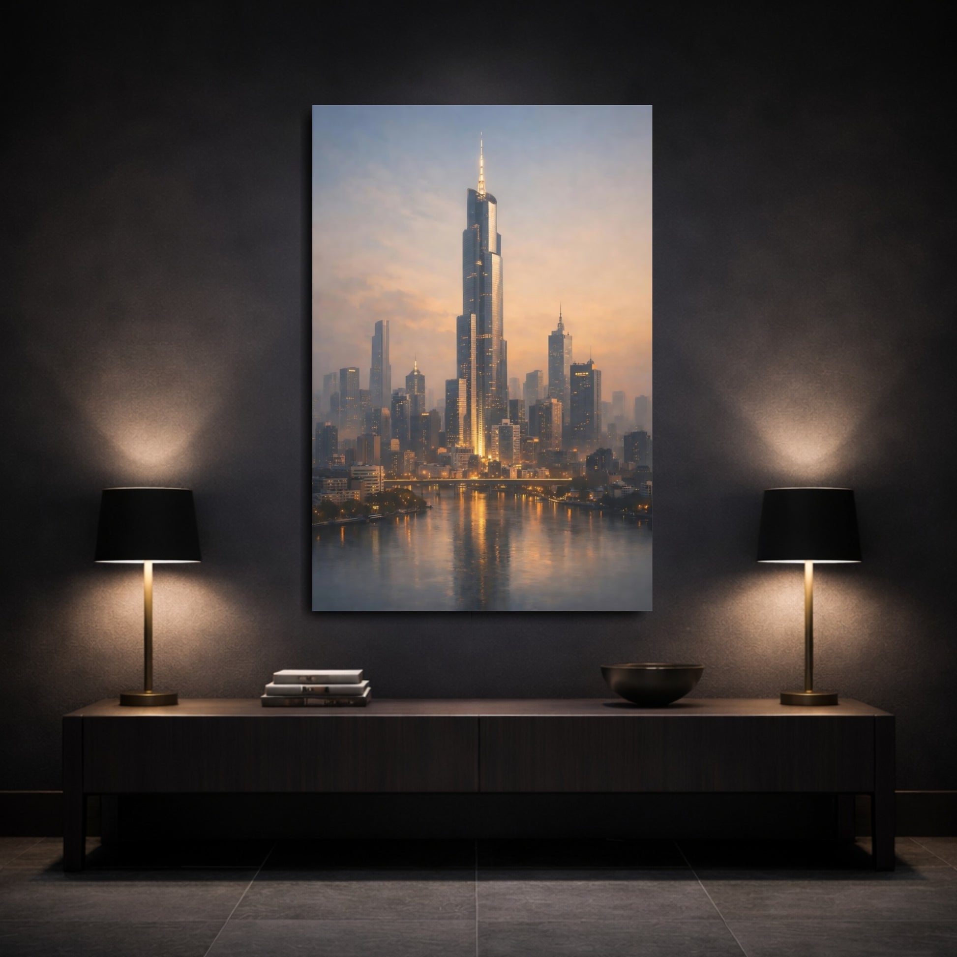 Mockup 2. Science Fiction Cityscape Orange Blue City shown as stretched canvas wall art