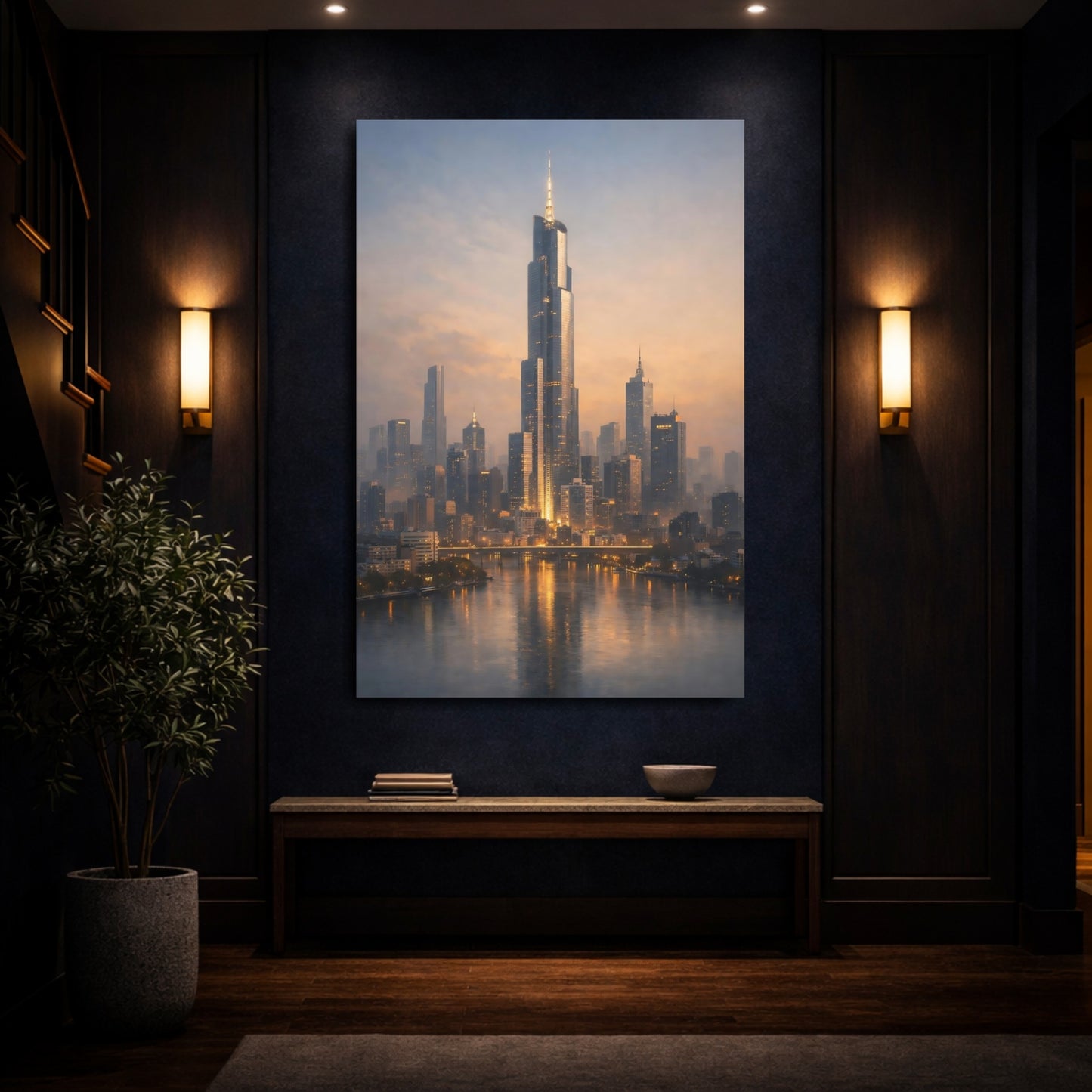 Mockup 3. Science Fiction Cityscape Orange Blue City shown as stretched canvas wall art