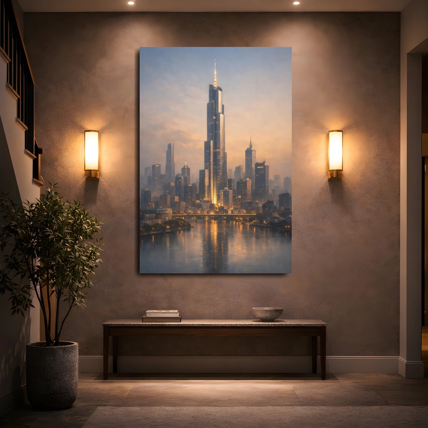Mockup 4. Science Fiction Cityscape Orange Blue City shown as stretched canvas wall art