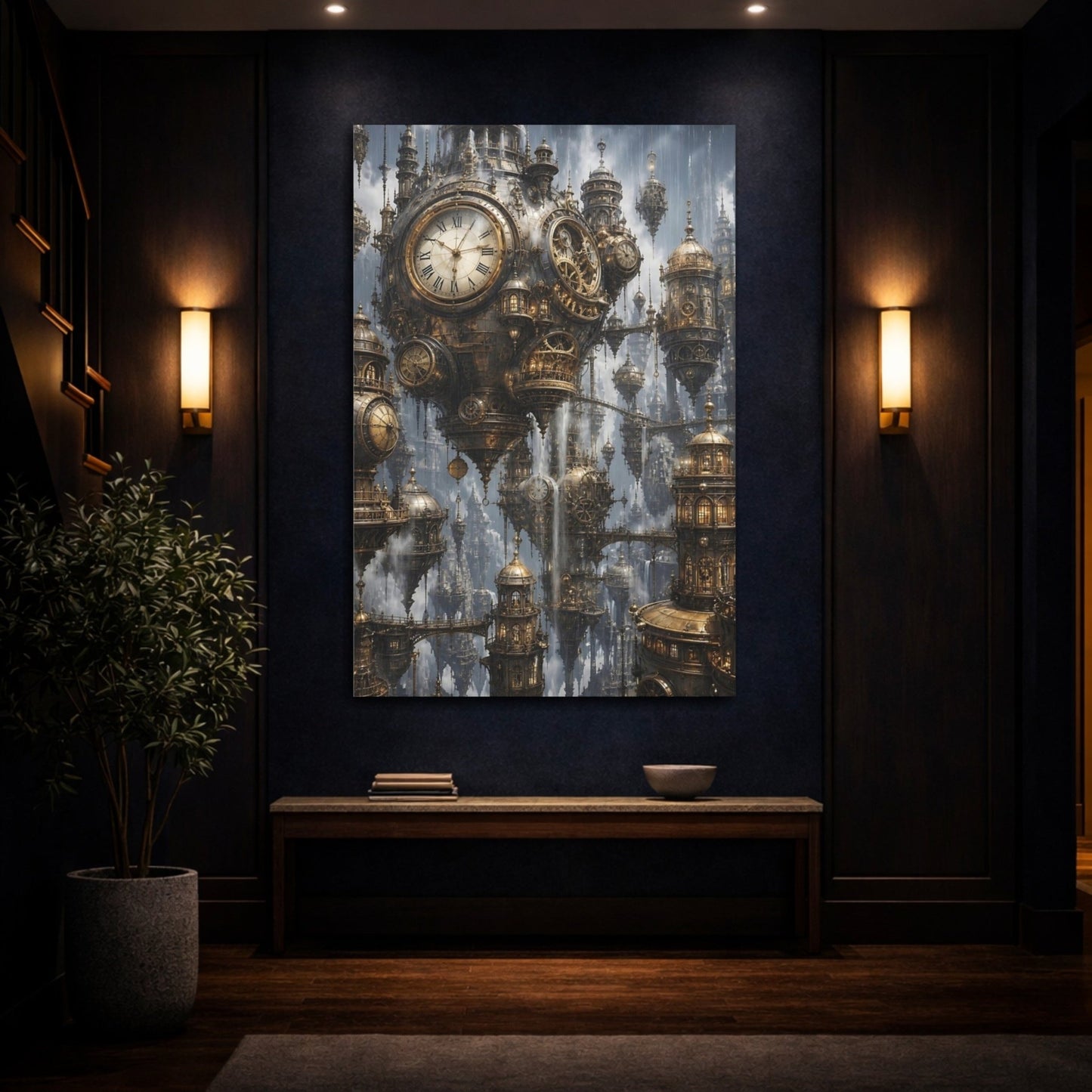 Science Fiction Clock City Bronze Gold Canvas Print – Living Room, Above Couch - YesArtYes