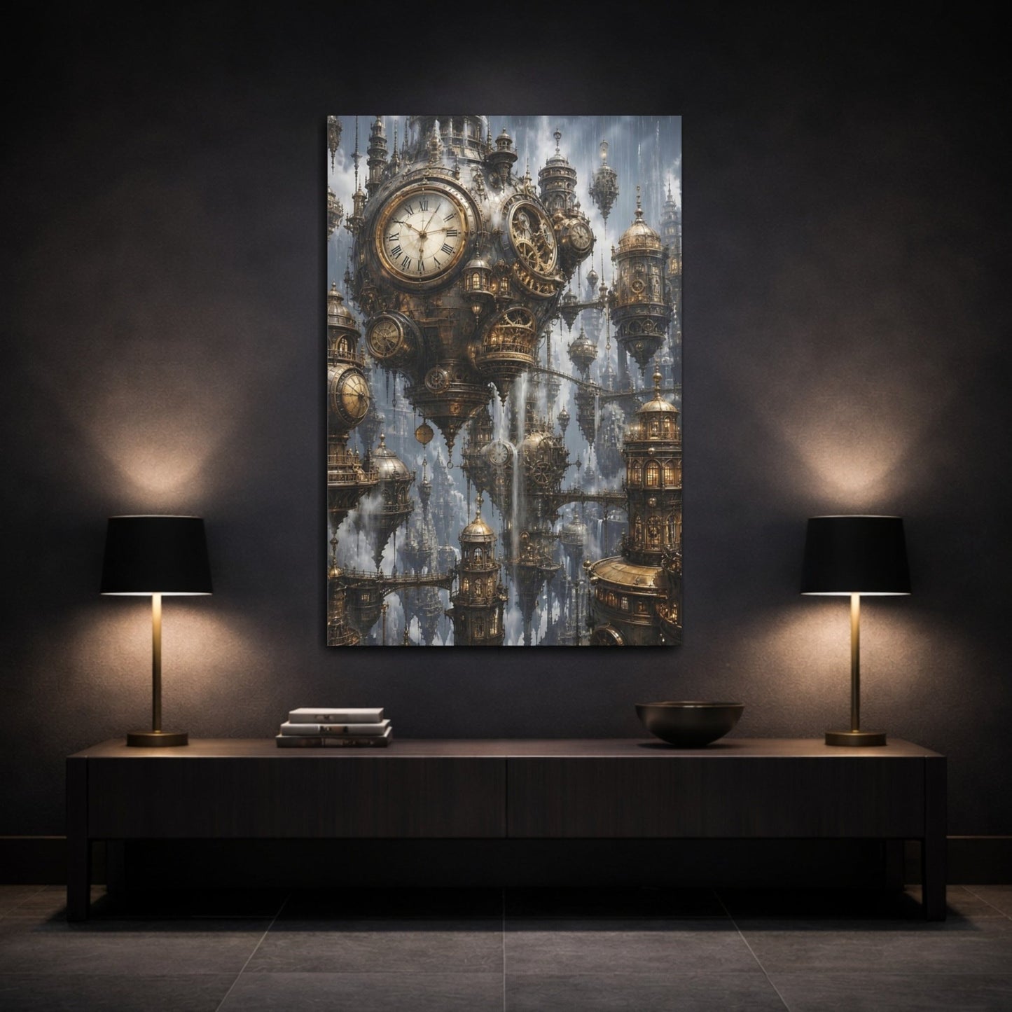 Science Fiction Clock City Bronze Gold Canvas Print – Living Room, Above Couch - YesArtYes