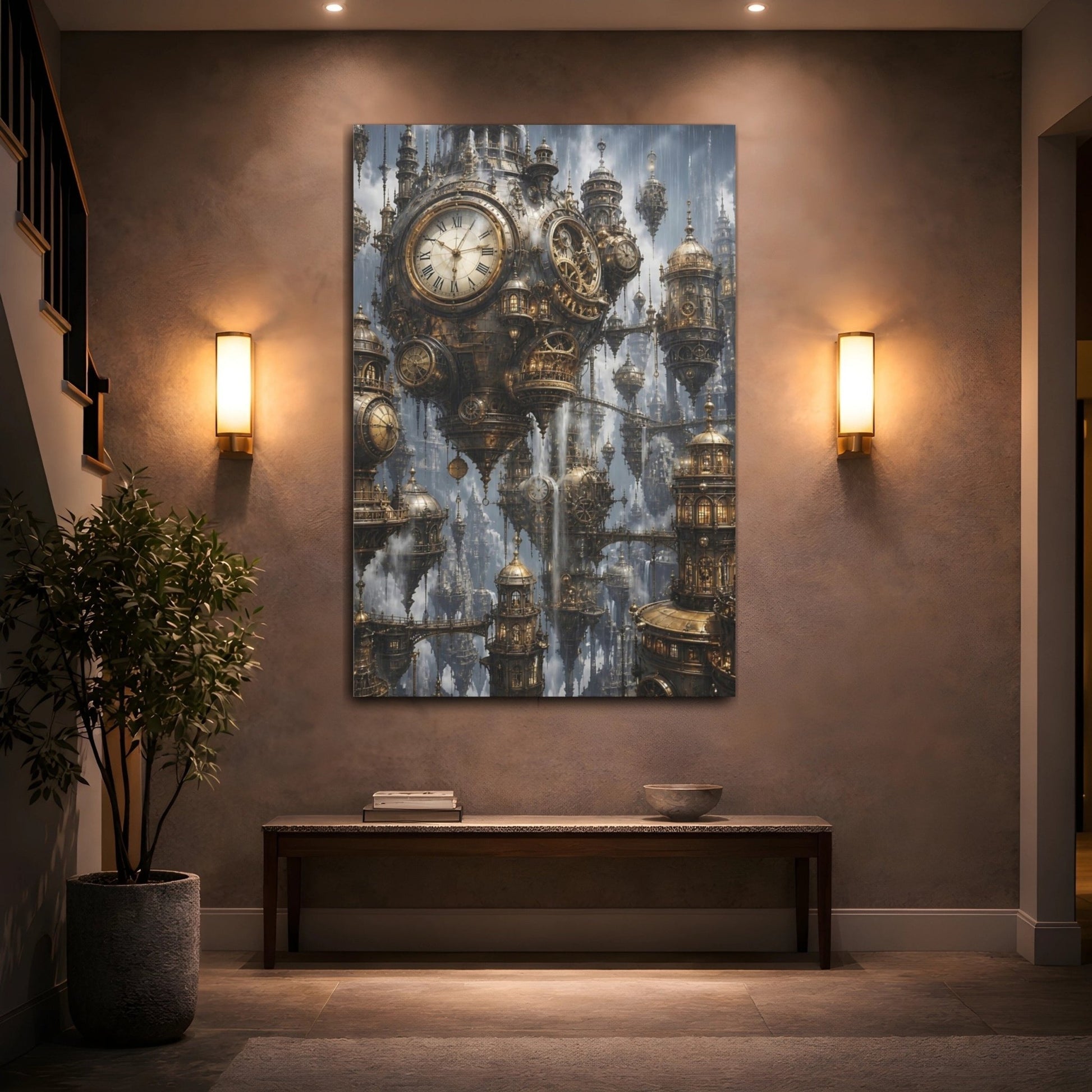 Science Fiction Clock City Bronze Gold Canvas Print – Living Room, Above Couch - YesArtYes