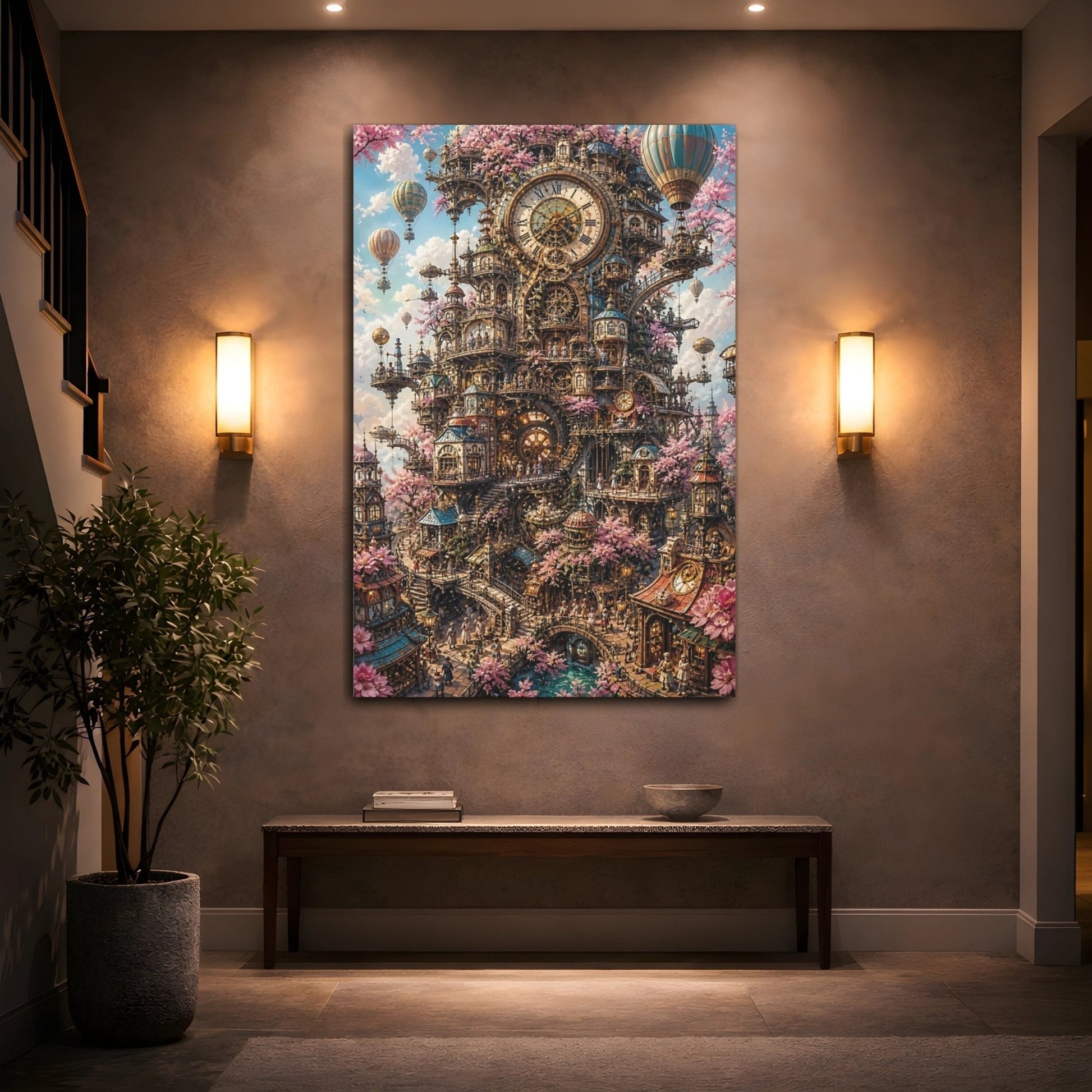 Science Fiction Clockwork City Pink And Canvas Print – Steampunk Living Room, Large Wall - YesArtYes