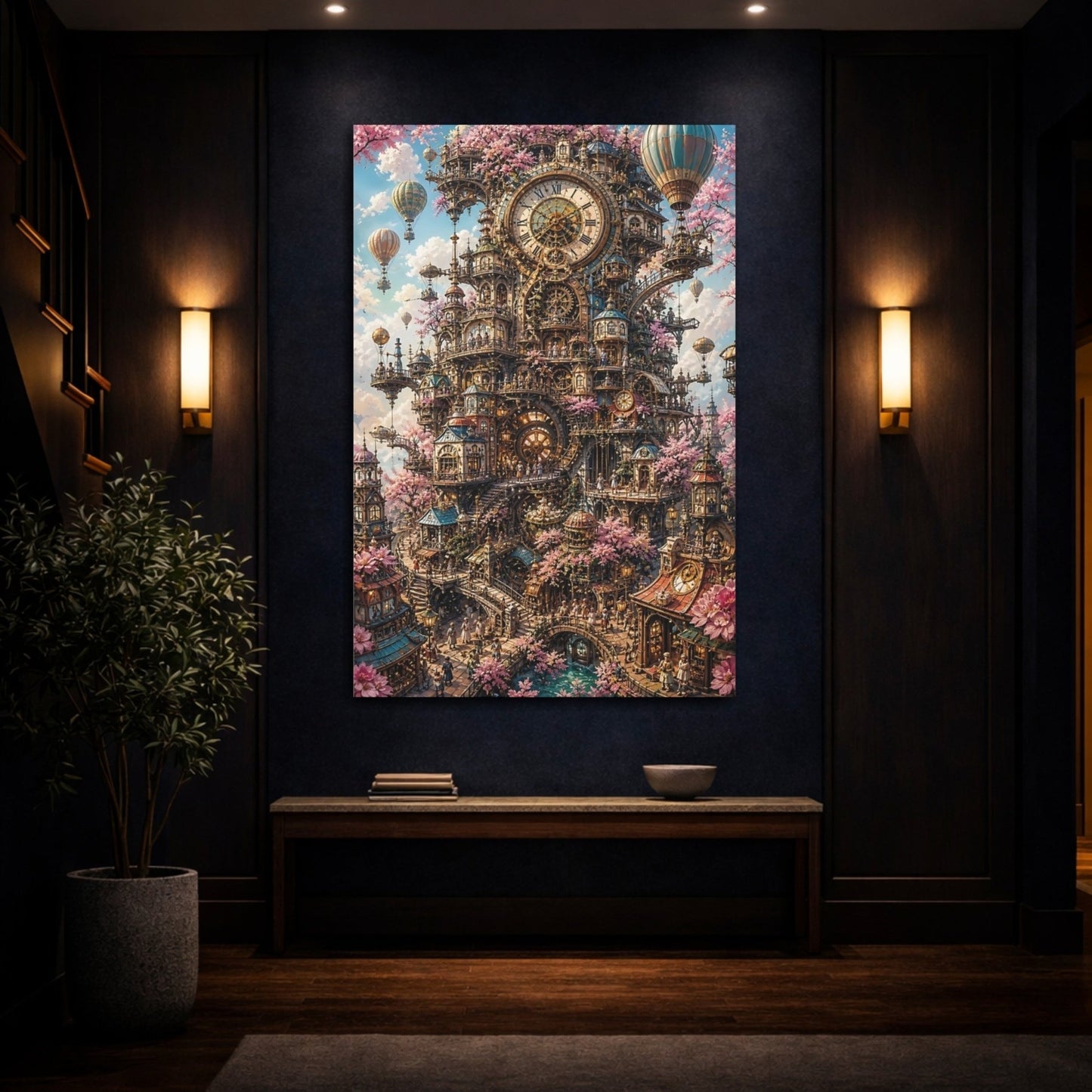 Science Fiction Clockwork City Pink And Canvas Print – Steampunk Living Room, Large Wall - YesArtYes