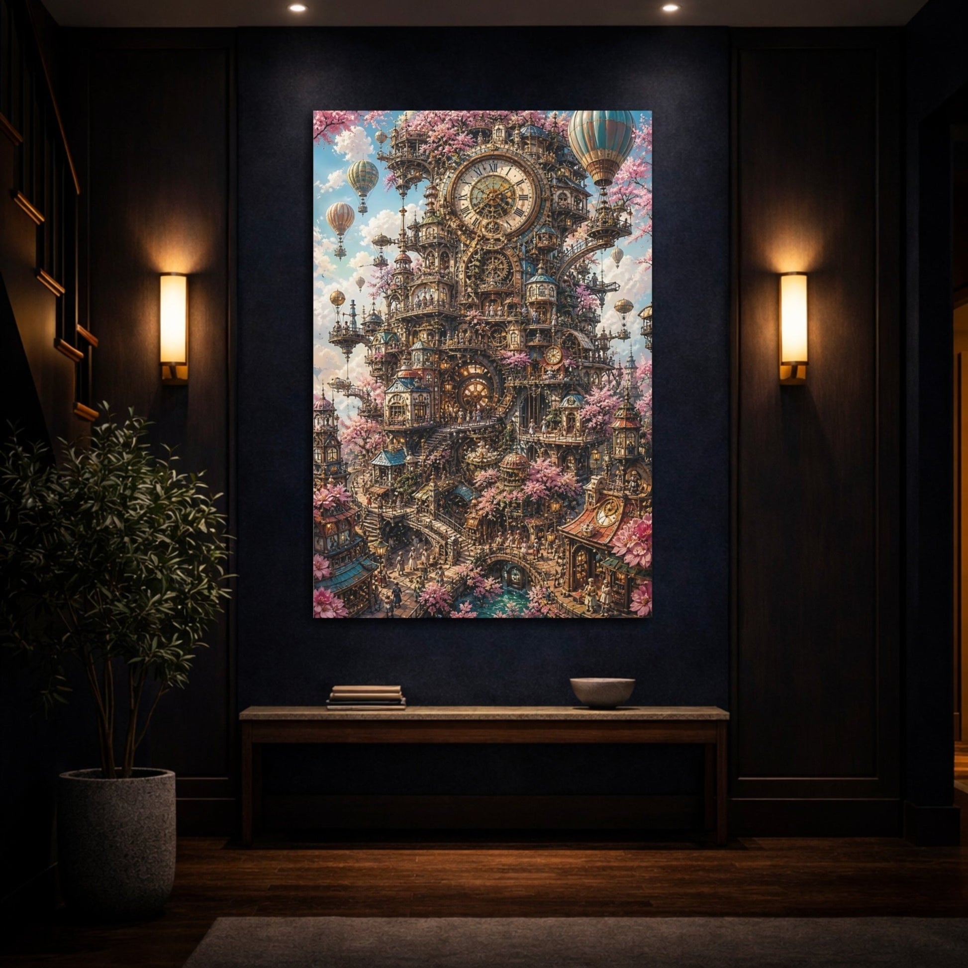 Science Fiction Clockwork City Pink And Canvas Print – Steampunk Living Room, Large Wall - YesArtYes