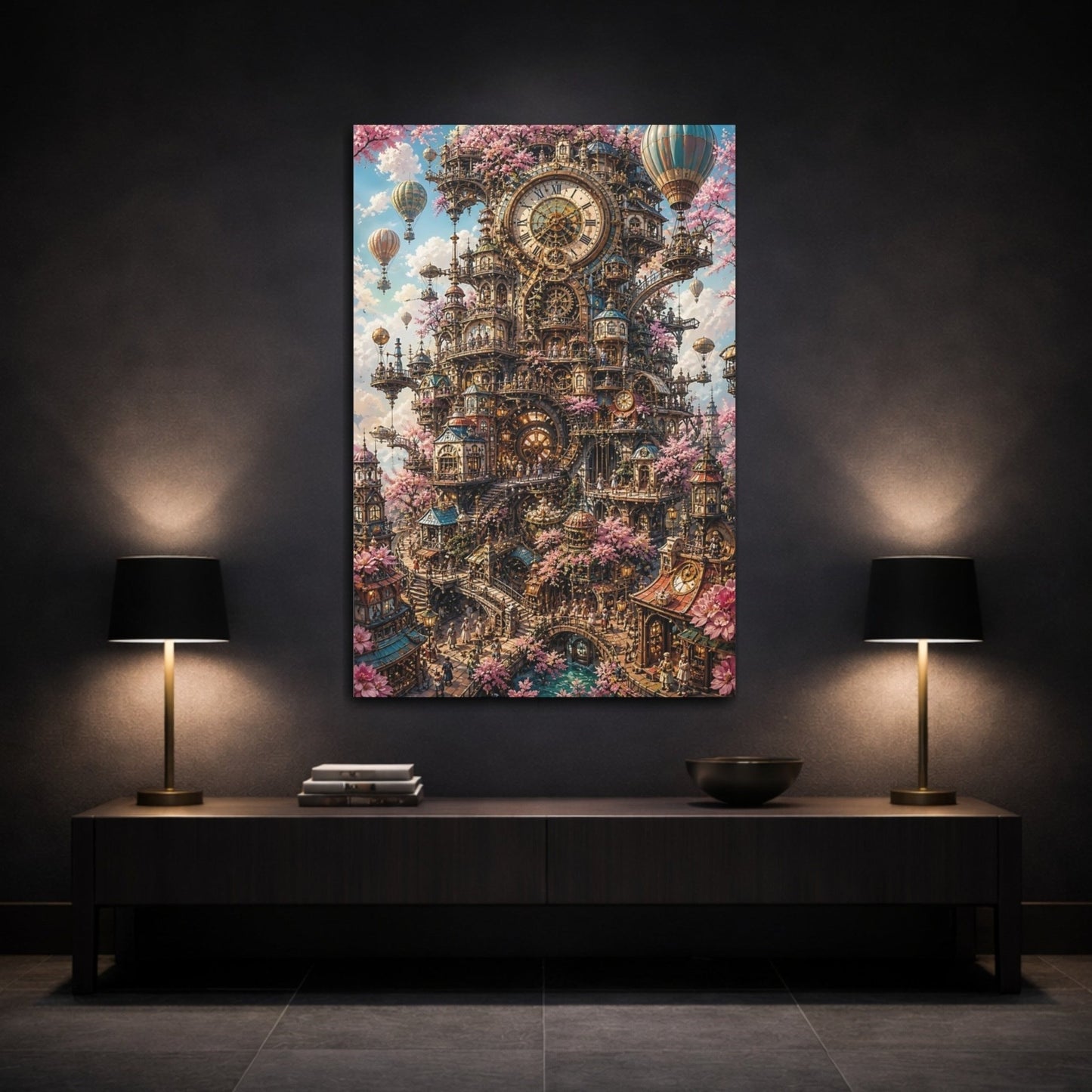 Science Fiction Clockwork City Pink And Canvas Print – Steampunk Living Room, Large Wall - YesArtYes
