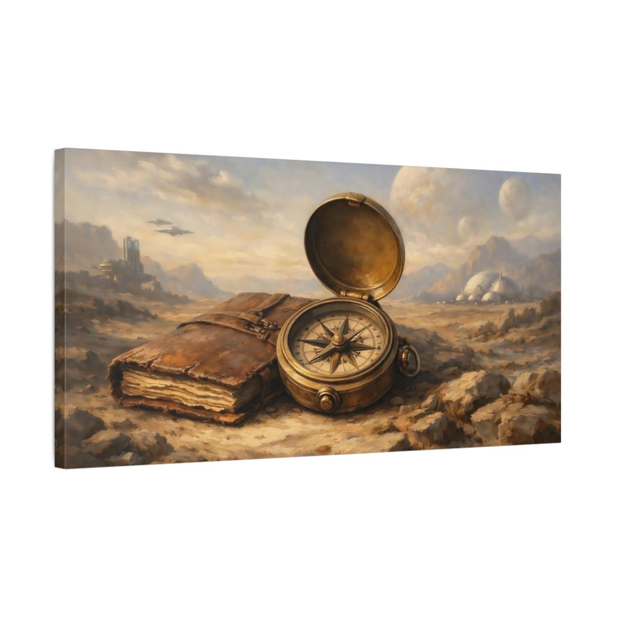 Side Mockup 2. Science Fiction Compass, Book Brown And Gold shown as stretched canvas wall art