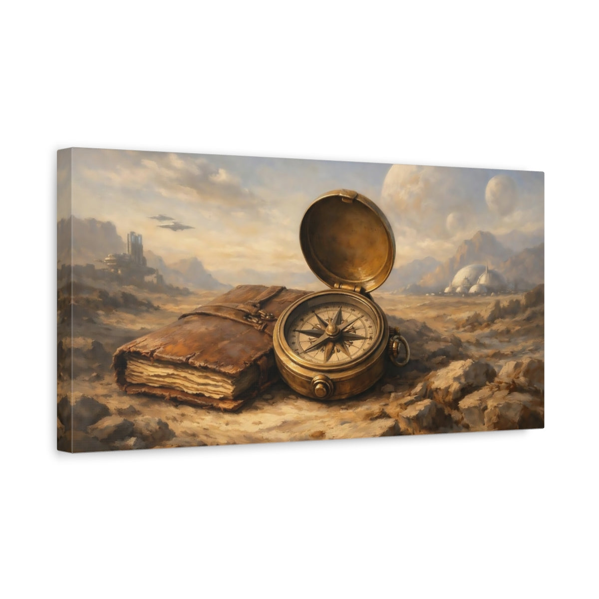 Side Mockup 3. Science Fiction Compass, Book Brown And Gold shown as stretched canvas wall art