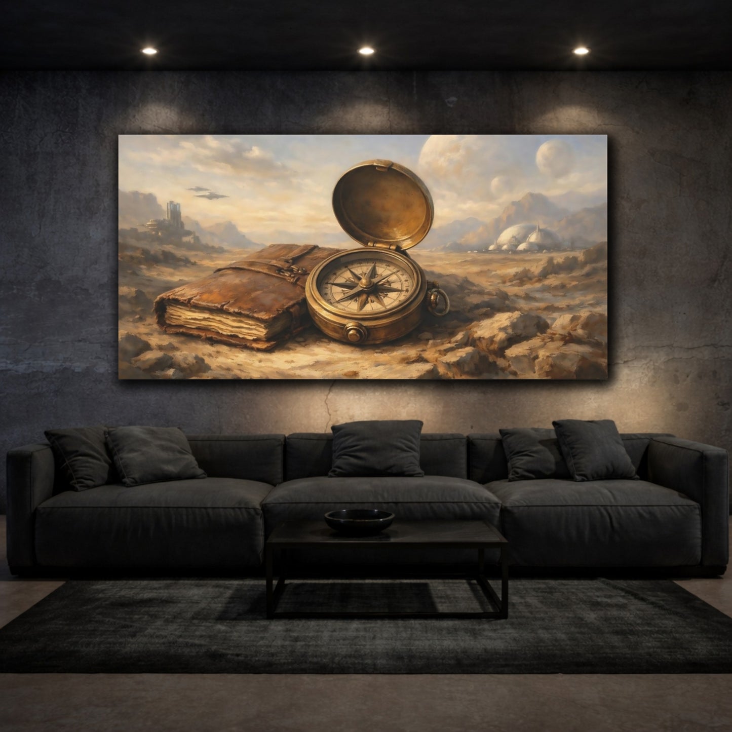 Mockup 2. Science Fiction Compass, Book Brown And Gold shown as stretched canvas wall art