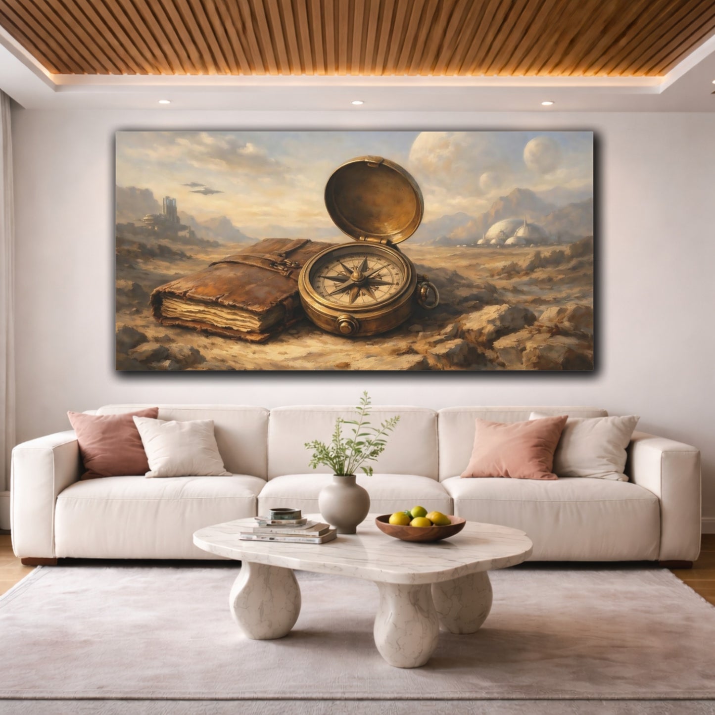 Mockup 3. Science Fiction Compass, Book Brown And Gold shown as stretched canvas wall art