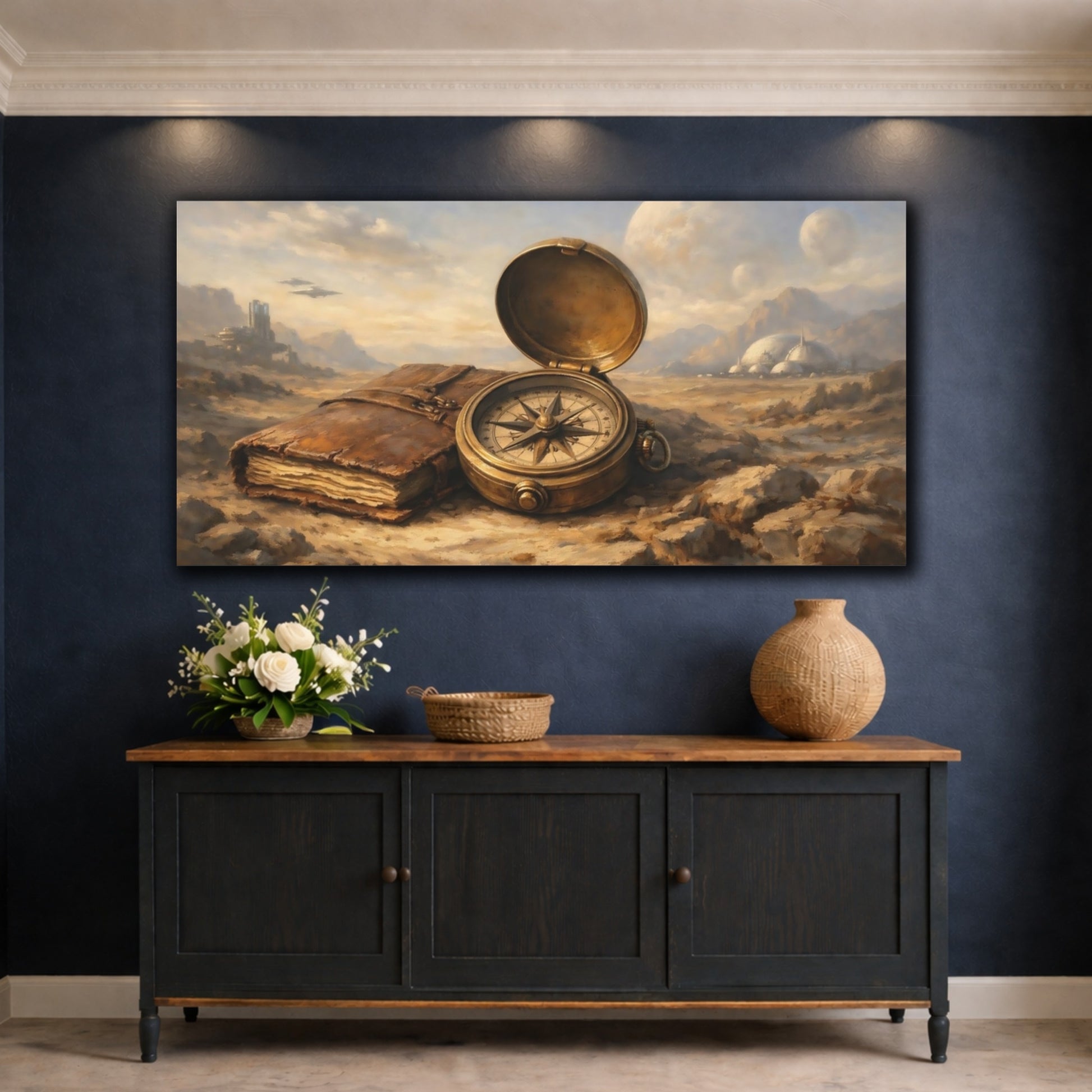 Mockup 4. Science Fiction Compass, Book Brown And Gold shown as stretched canvas wall art