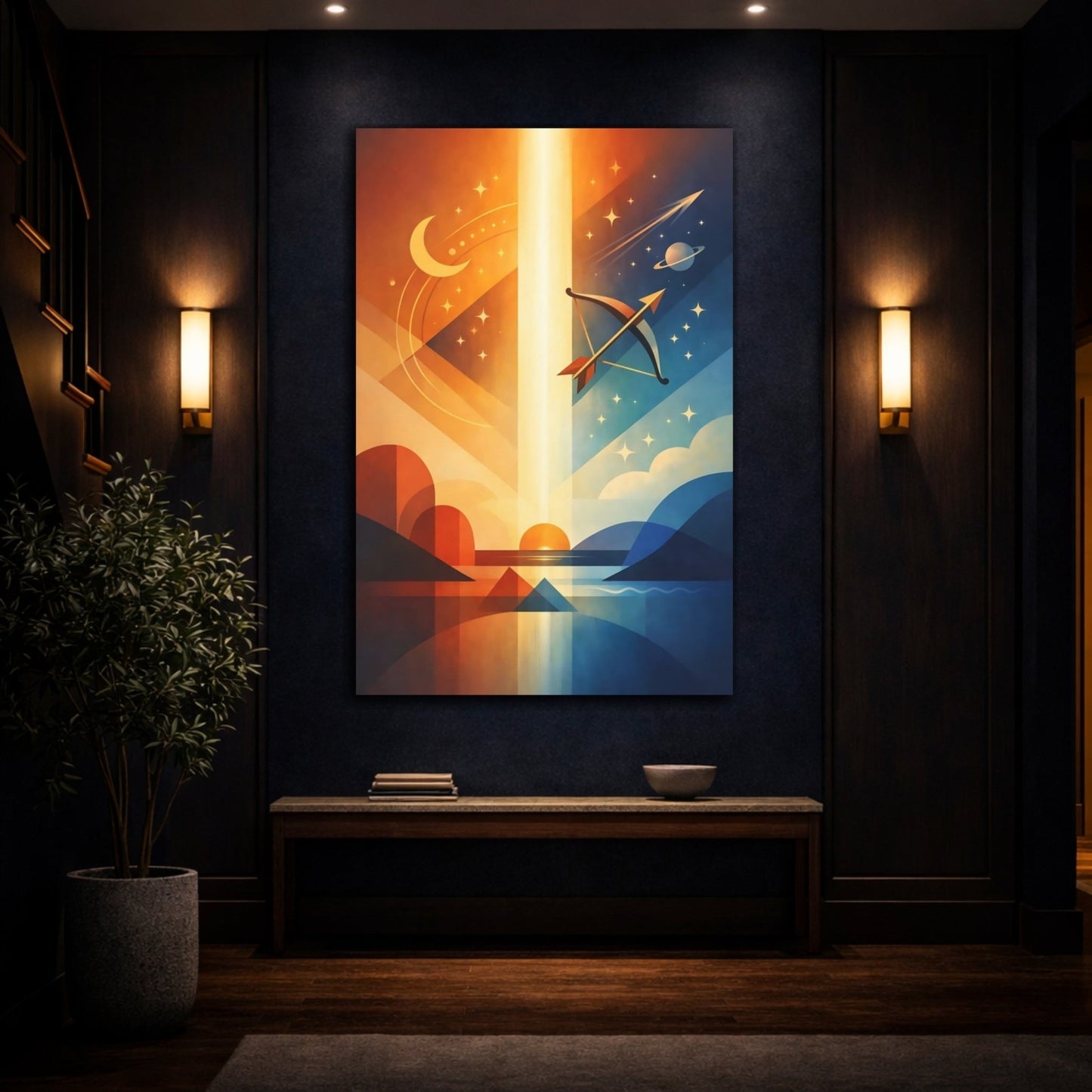 Science Fiction Cosmic Archer Orange Blue Geometric - Canvas Wall Art Print - YesArtYes