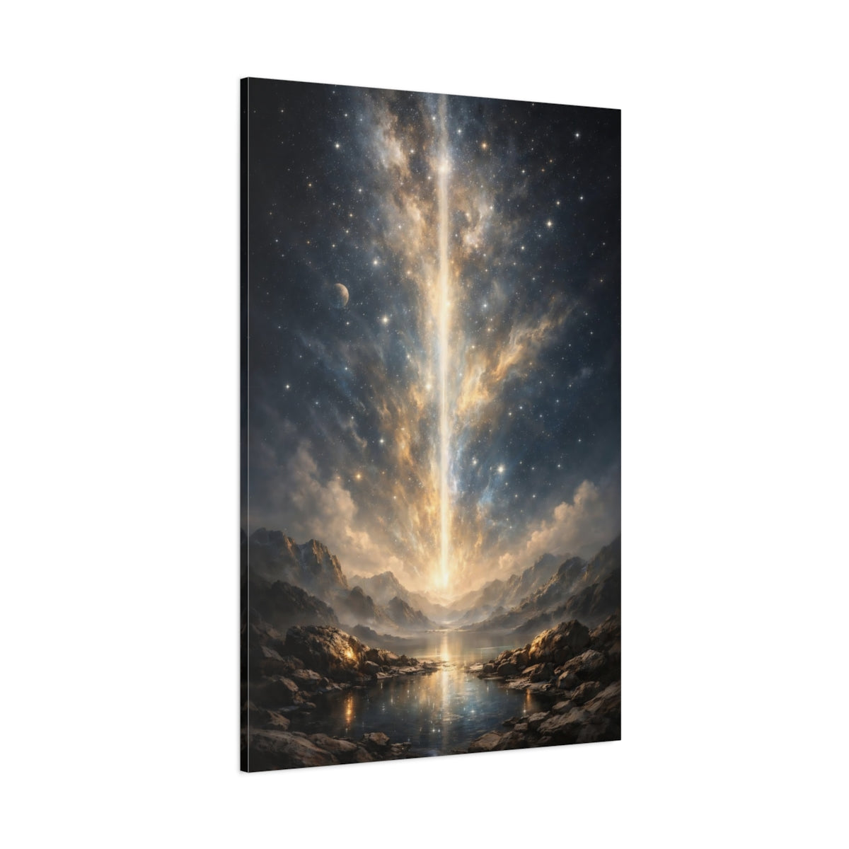 Main Mockup. Science Fiction Cosmic Beam Golden Cosmic Landscape shown as stretched canvas wall art