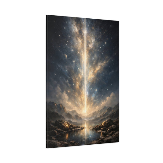 Main Mockup. Science Fiction Cosmic Beam Golden Cosmic Landscape shown as stretched canvas wall art