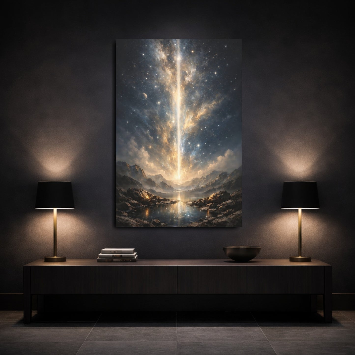 Mockup 2. Science Fiction Cosmic Beam Golden Cosmic Landscape shown as stretched canvas wall art