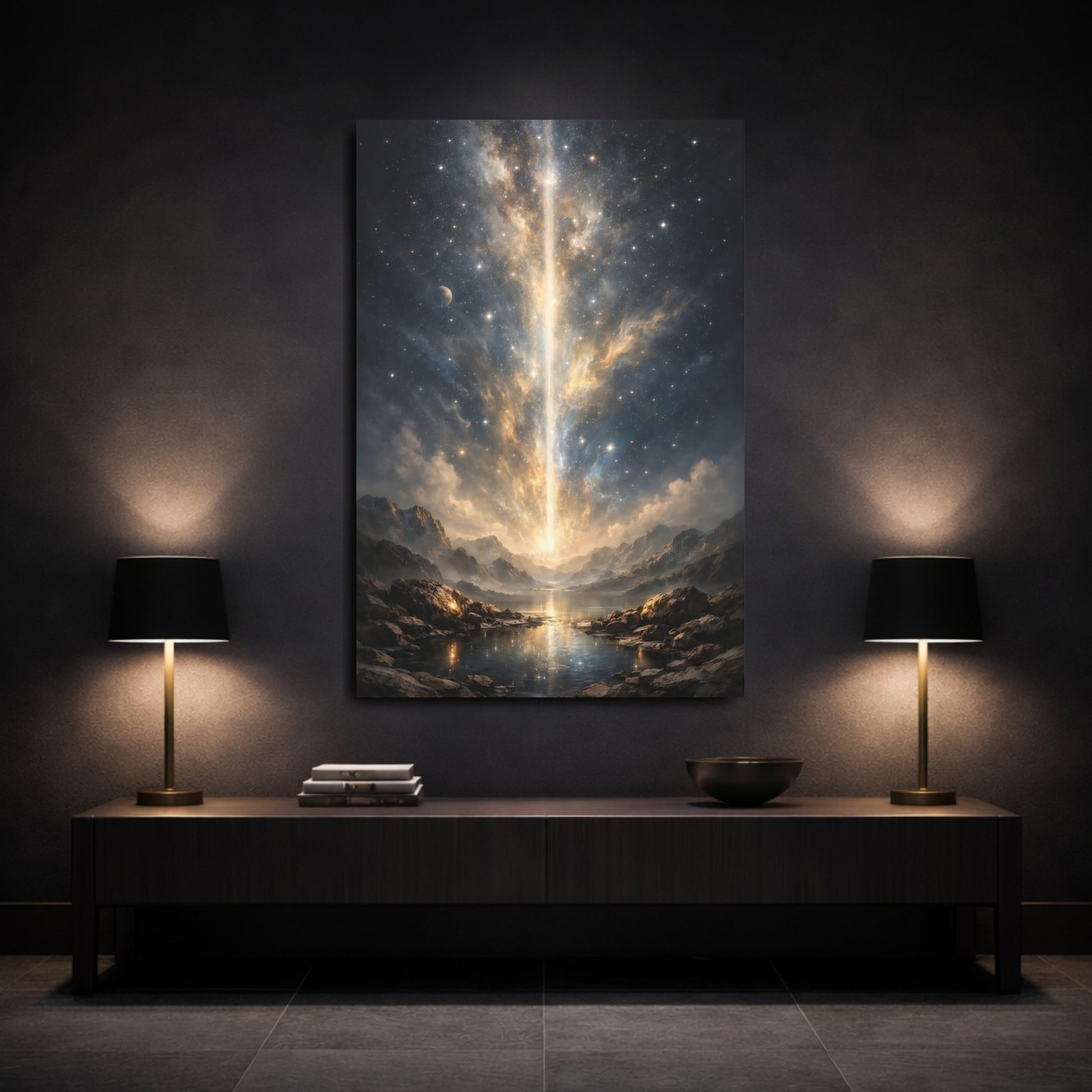Mockup 2. Science Fiction Cosmic Beam Golden Cosmic Landscape shown as stretched canvas wall art