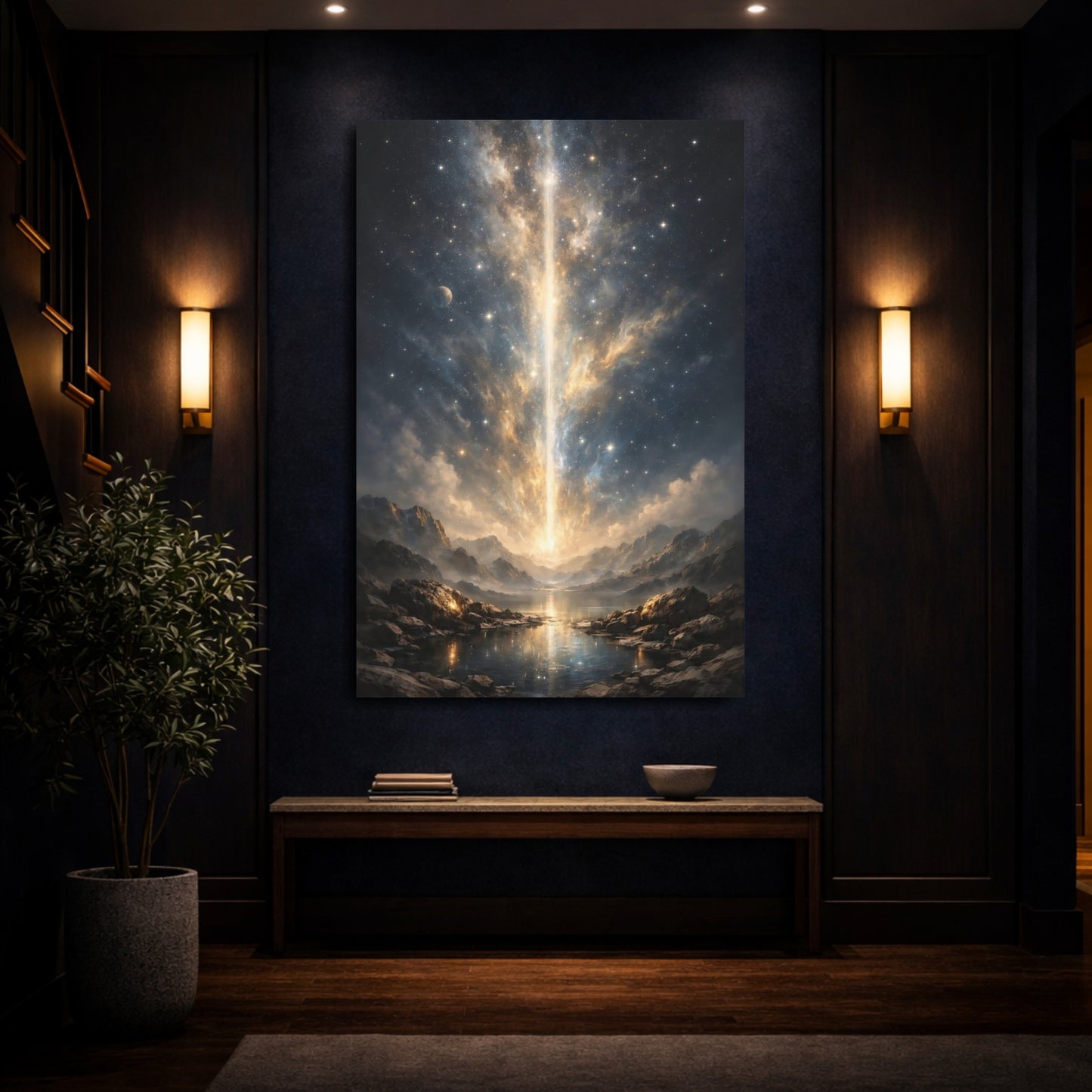 Mockup 3. Science Fiction Cosmic Beam Golden Cosmic Landscape shown as stretched canvas wall art