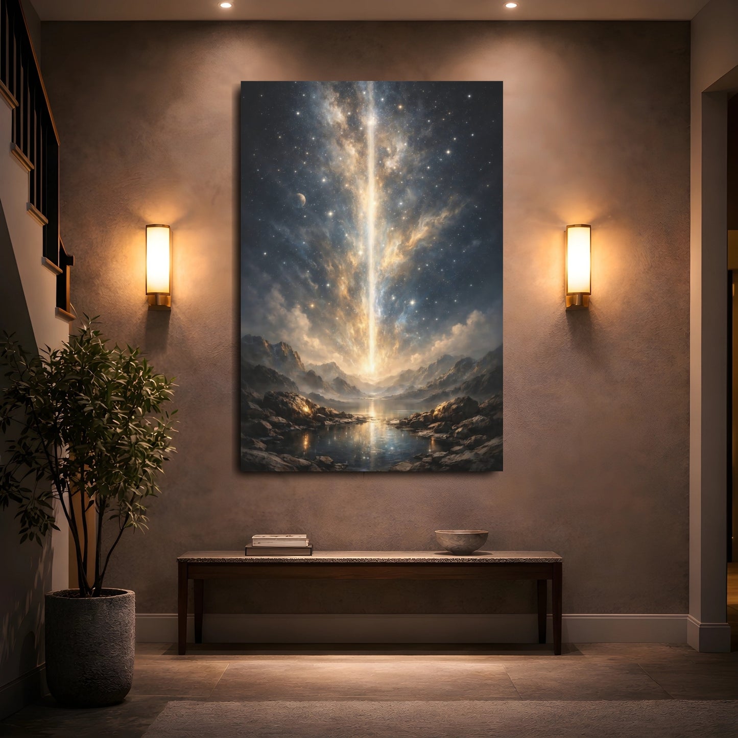 Mockup 4. Science Fiction Cosmic Beam Golden Cosmic Landscape shown as stretched canvas wall art