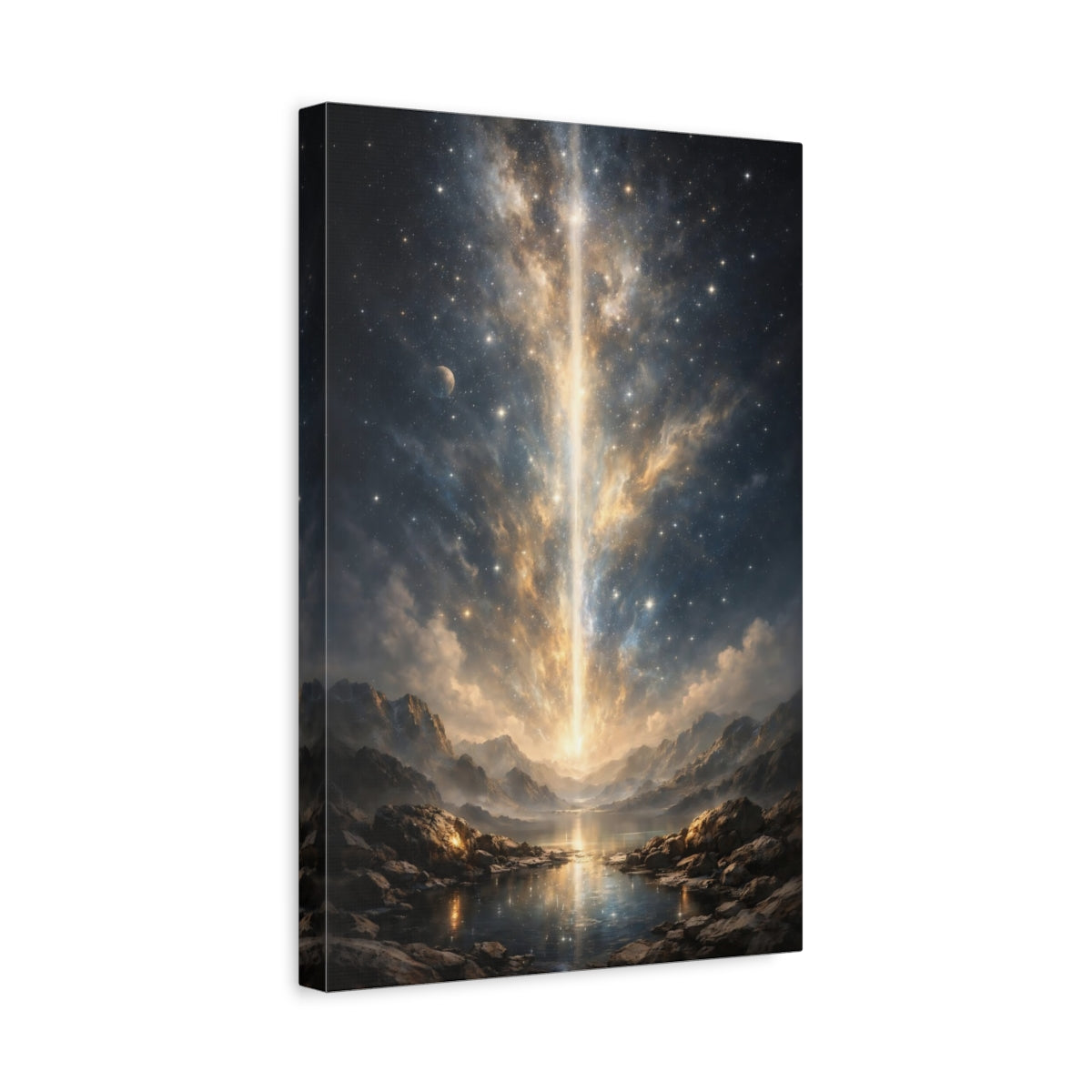 Side Mockup 4. Science Fiction Cosmic Beam Golden Cosmic Landscape shown as stretched canvas wall art