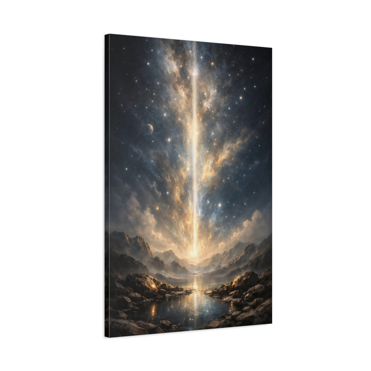 Side Mockup 1. Science Fiction Cosmic Beam Golden Cosmic Landscape shown as stretched canvas wall art