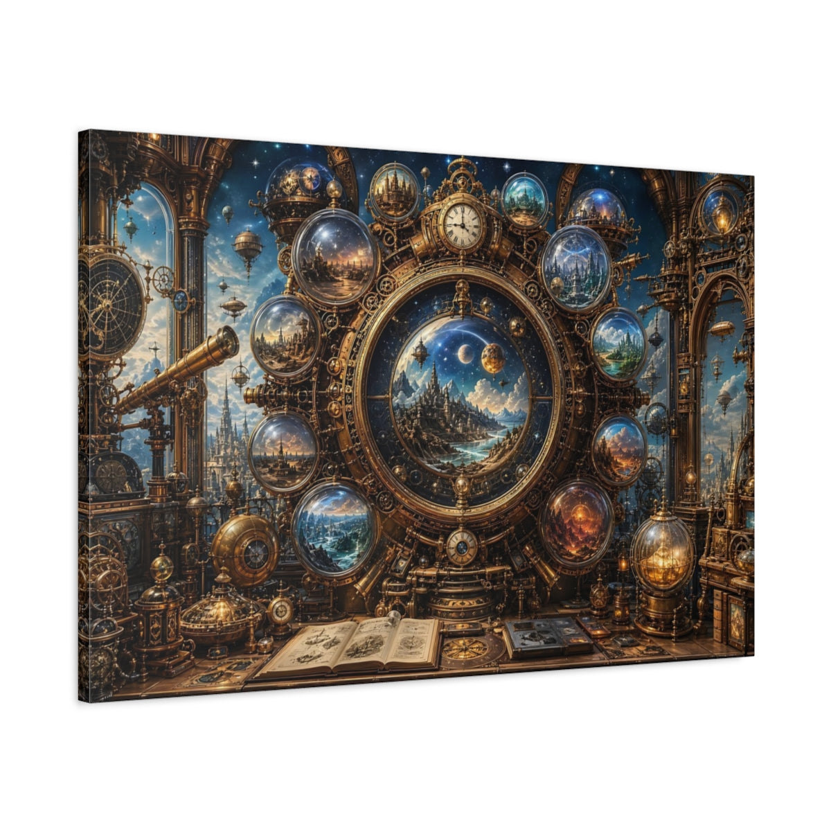 Main Mockup. Science Fiction Cosmic Clock Gold And Blue shown as stretched canvas wall art
