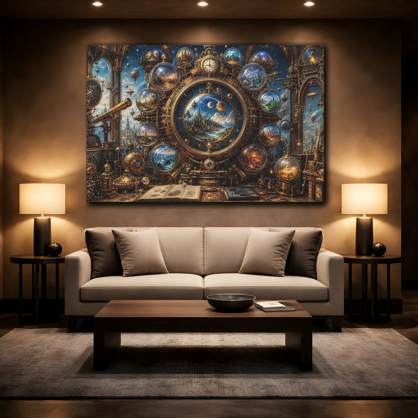 Mockup 2. Science Fiction Cosmic Clock Gold And Blue shown as stretched canvas wall art