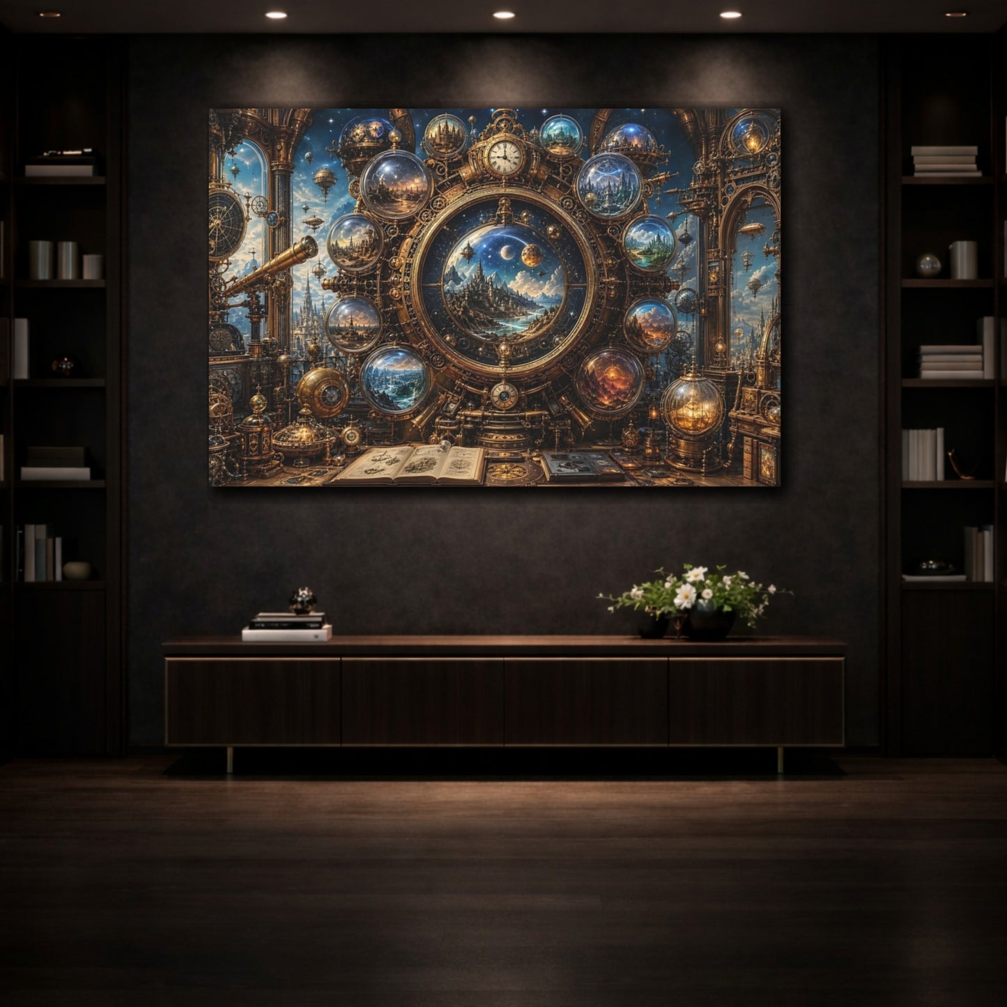 Mockup 3. Science Fiction Cosmic Clock Gold And Blue shown as stretched canvas wall art