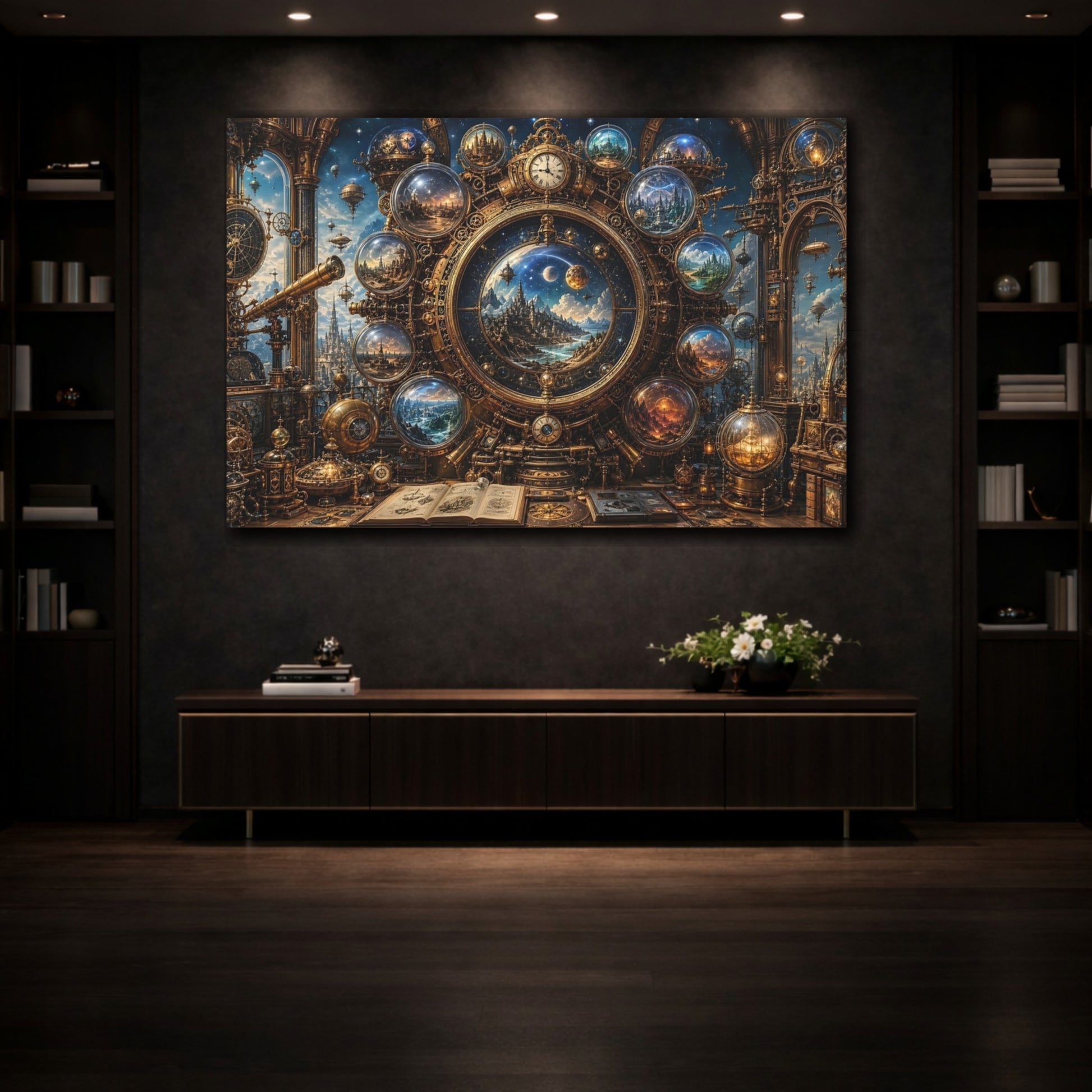 Mockup 3. Science Fiction Cosmic Clock Gold And Blue shown as stretched canvas wall art