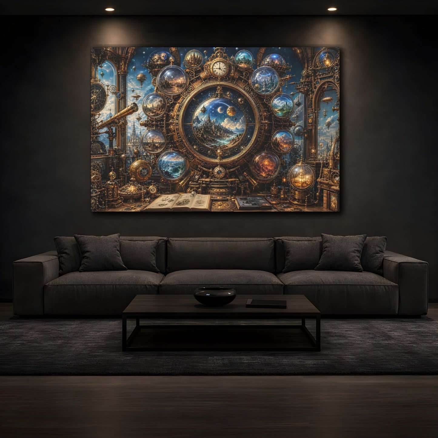 Mockup 4. Science Fiction Cosmic Clock Gold And Blue shown as stretched canvas wall art