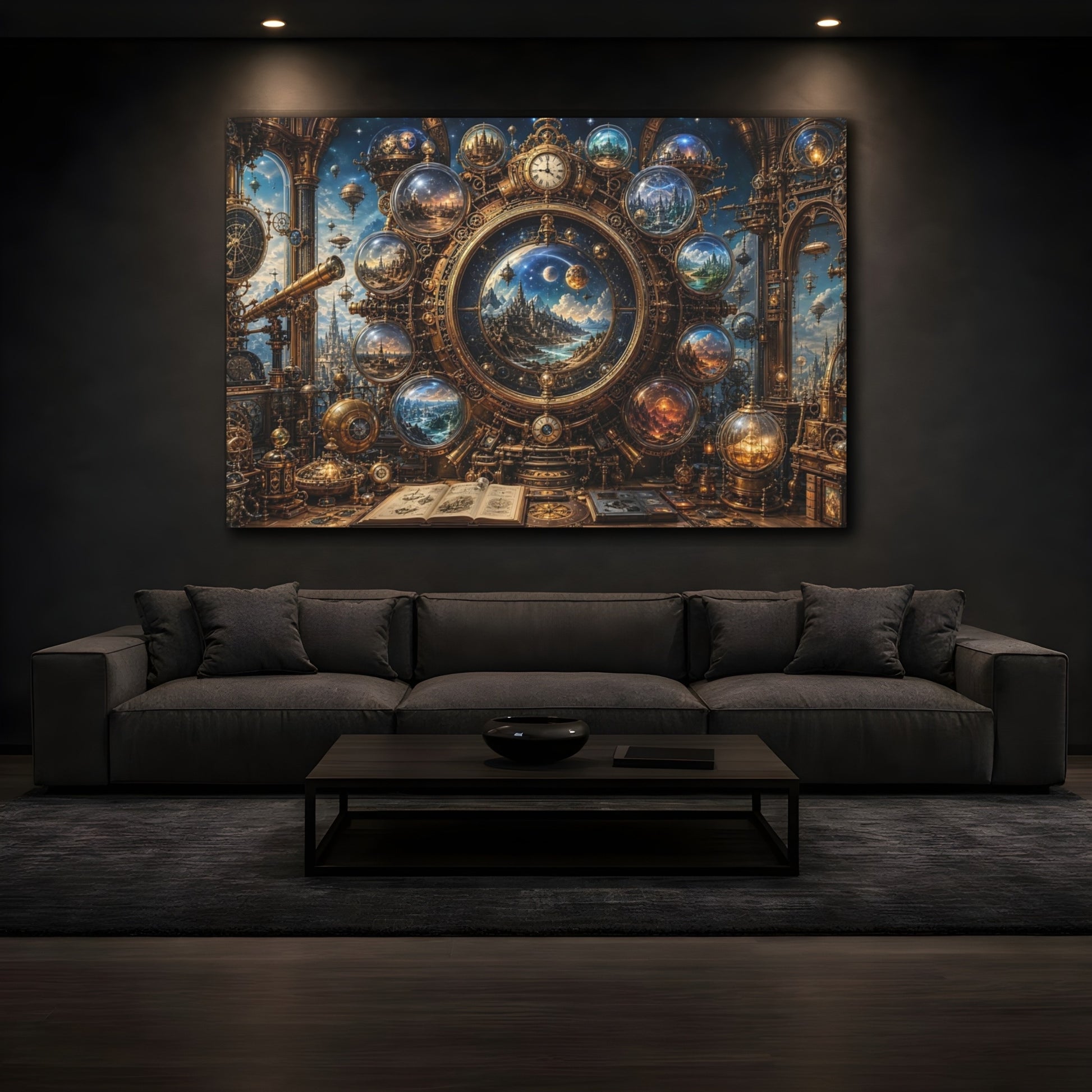 Mockup 4. Science Fiction Cosmic Clock Gold And Blue shown as stretched canvas wall art